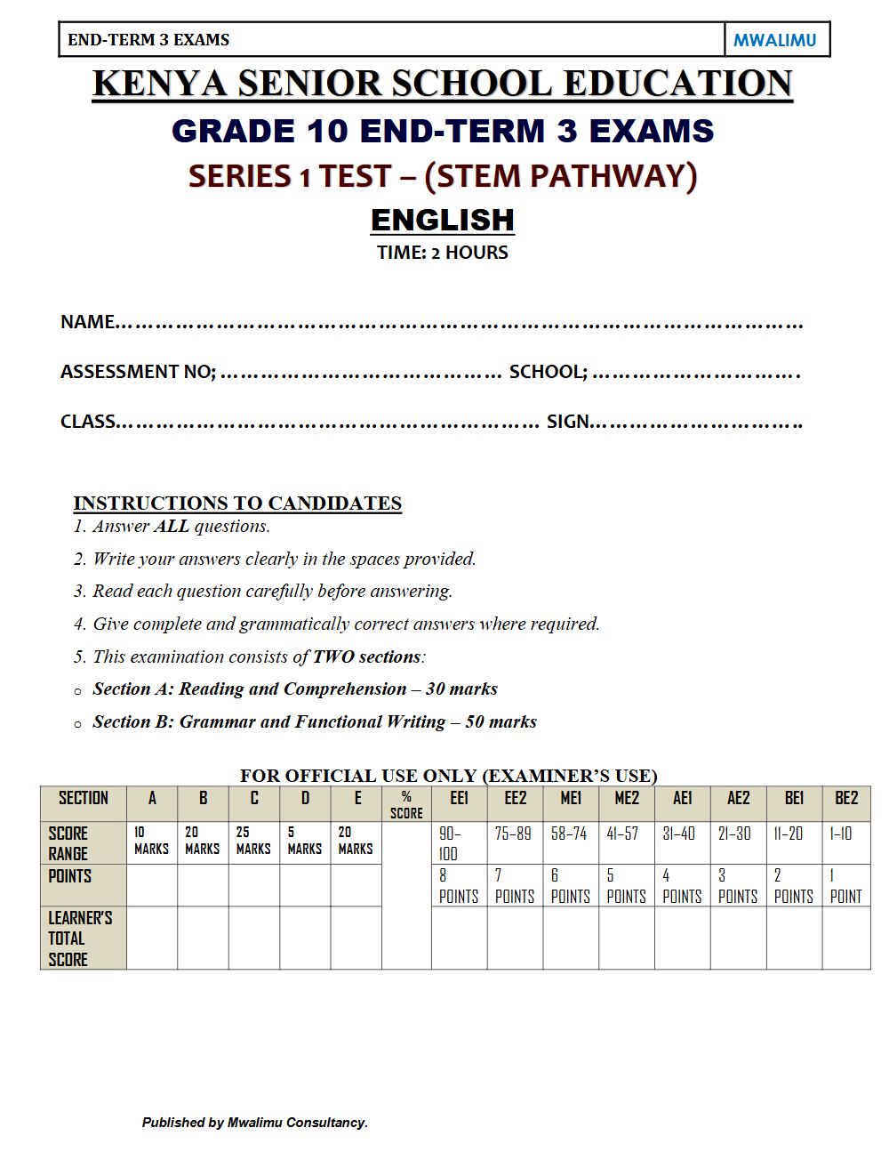 Preview of Grade 10 English Term 3 End-Term Paper 3 Exam 2026