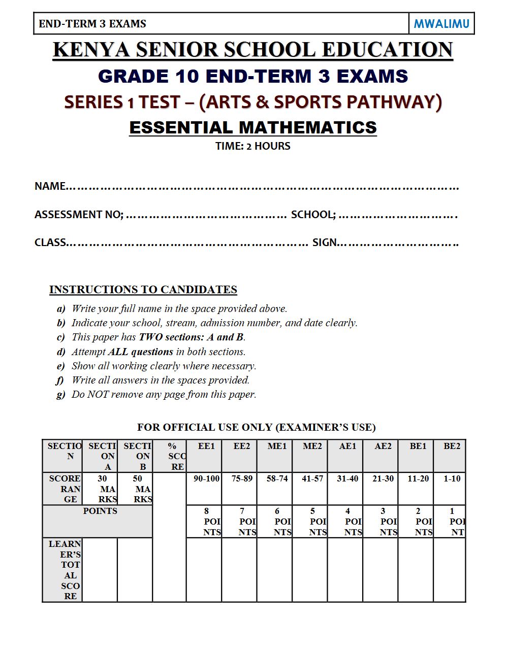 Thumbnail preview of Grade 10 Essential Mathematics Paper 2 End Term 3 2026 Exam 6
