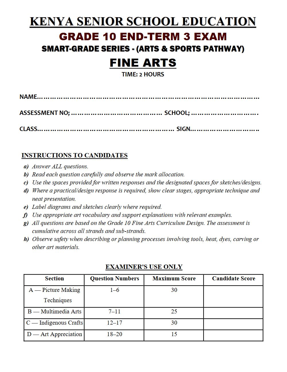 Thumbnail preview of Grade 10 Fine Arts End Term 3 2026 Exam 7