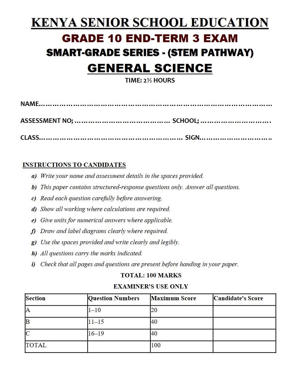 Thumbnail preview of Grade 10 General Science End Term 3 2026 Exam 7