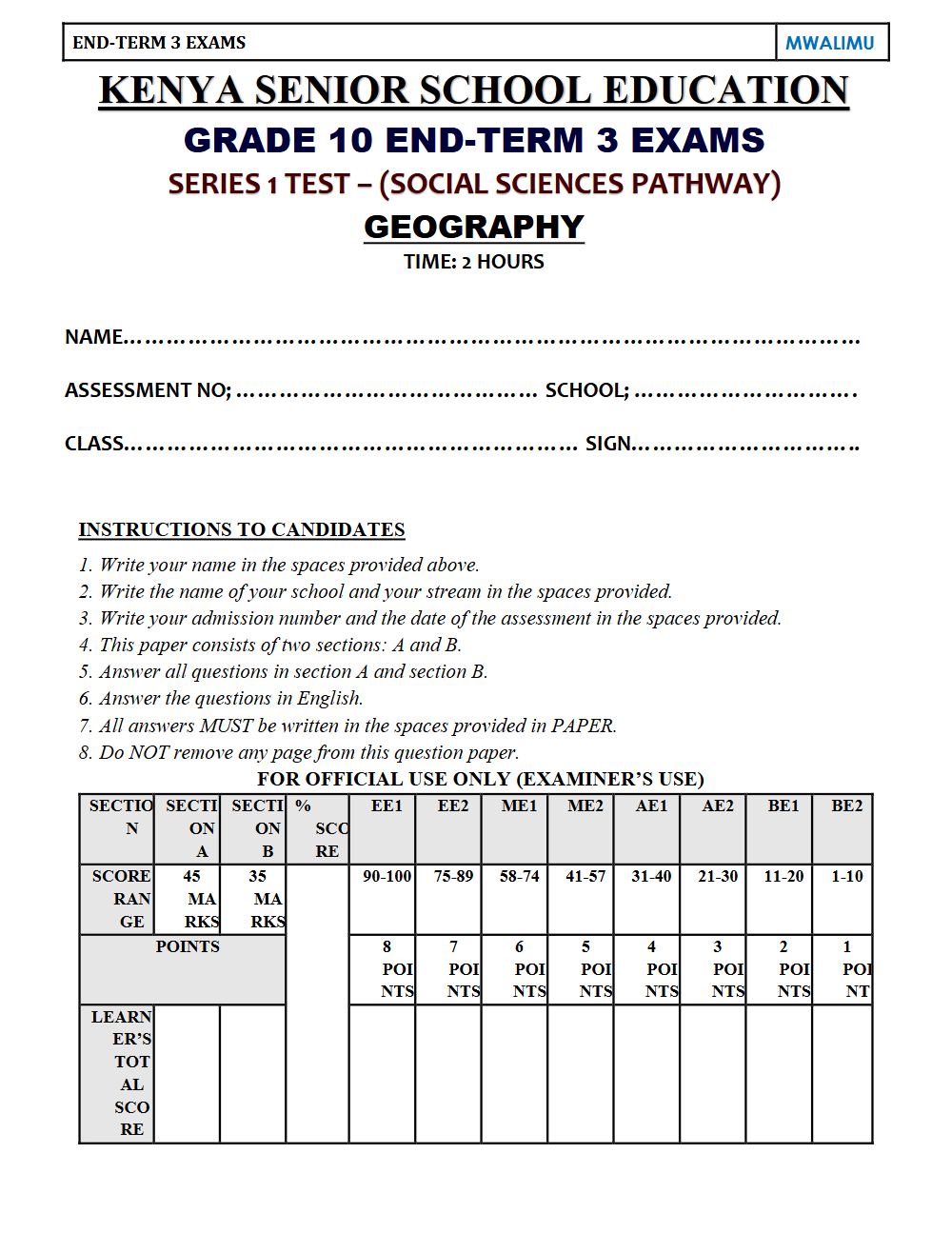 Thumbnail preview of Grade 10 Geography End Term 3 2026 Exam 6
