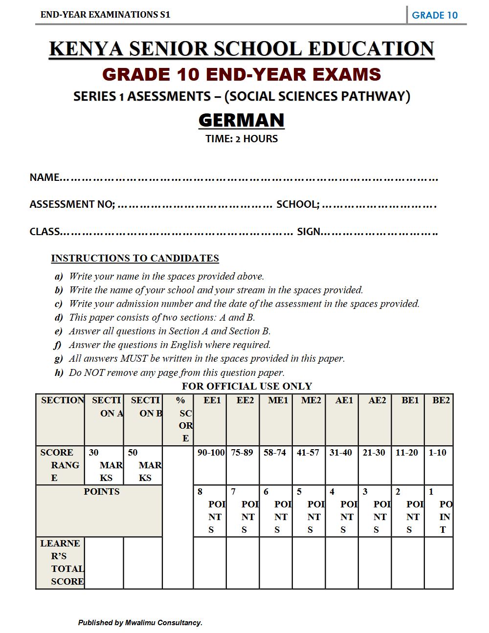Thumbnail preview of Grade 10 German End Term 3 2026 Exam 4