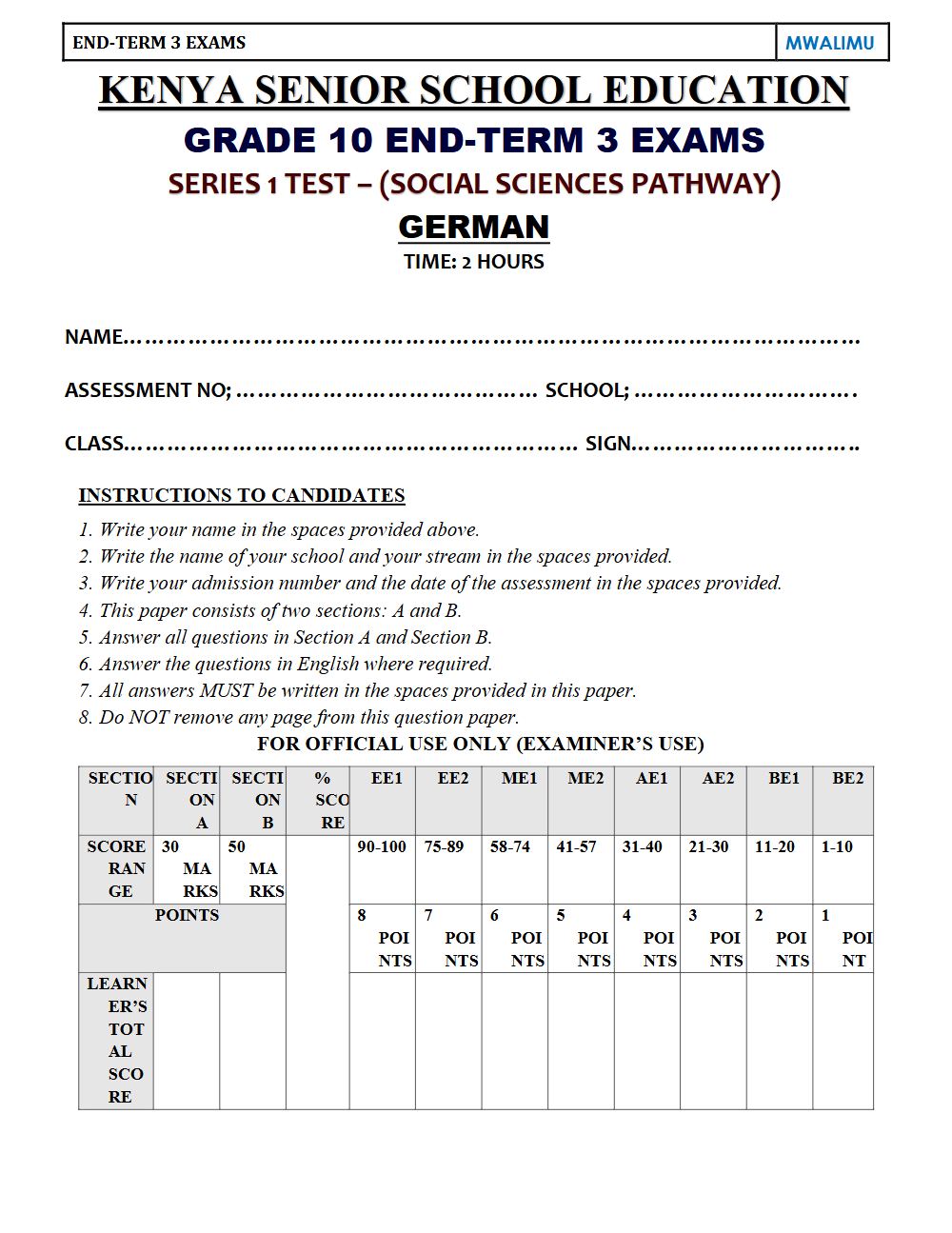 Thumbnail preview of Grade 10 German End Term 3 2026 Exam 6