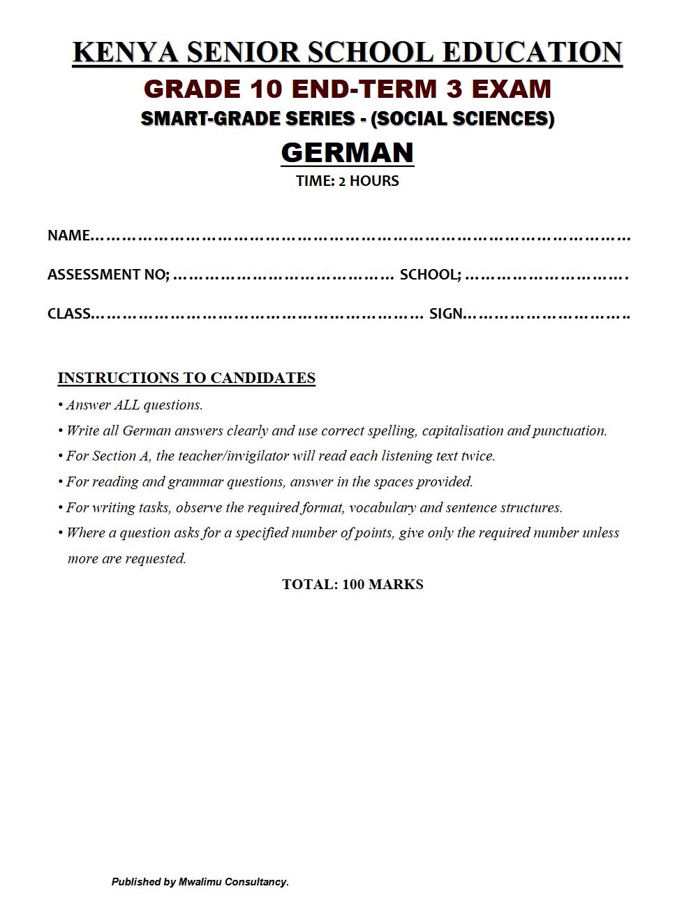 Thumbnail preview of Grade 10 German End Term 3 2026 Exam 7