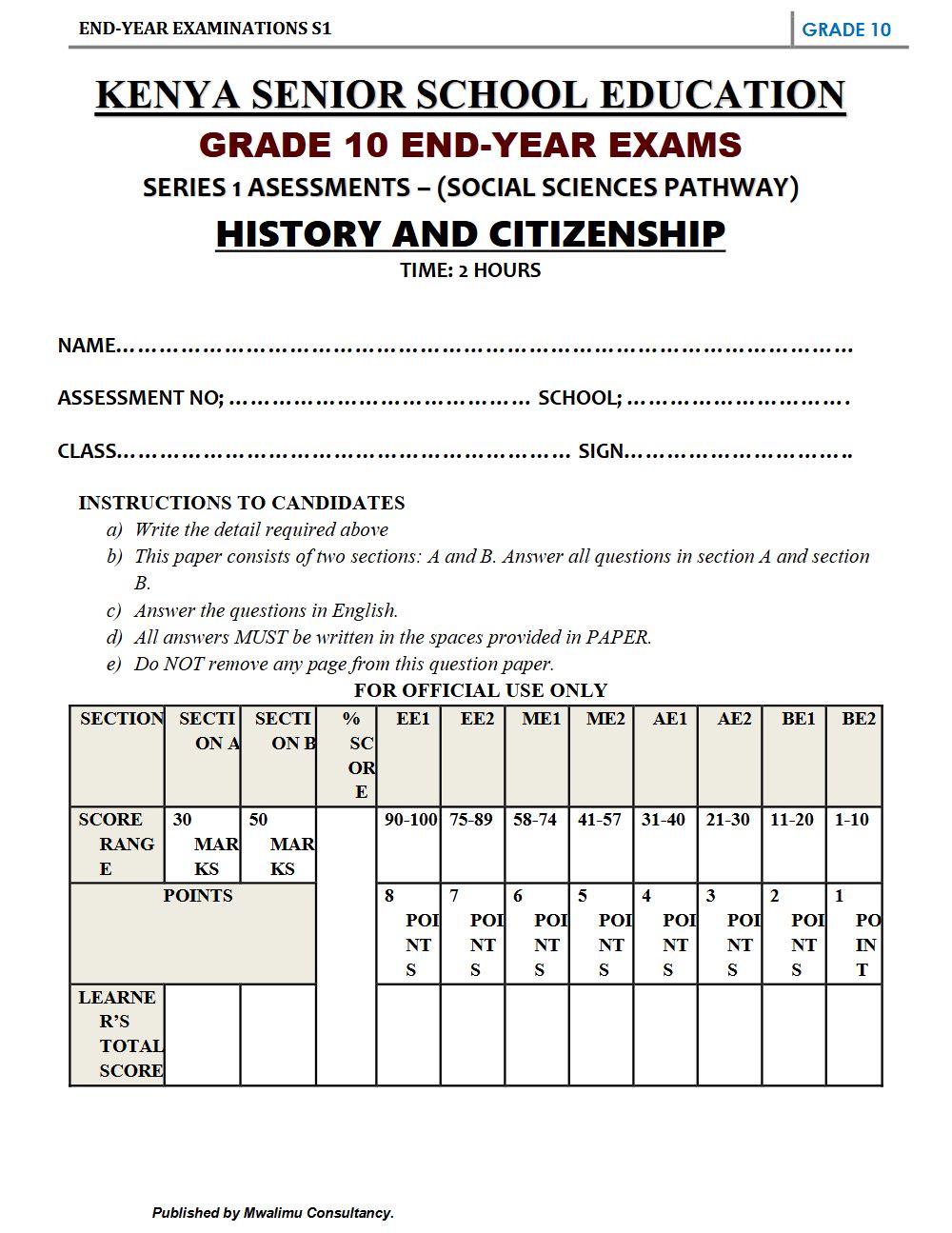 Preview of Grade 10 History & Government Term 3 End-Term Exam 2026