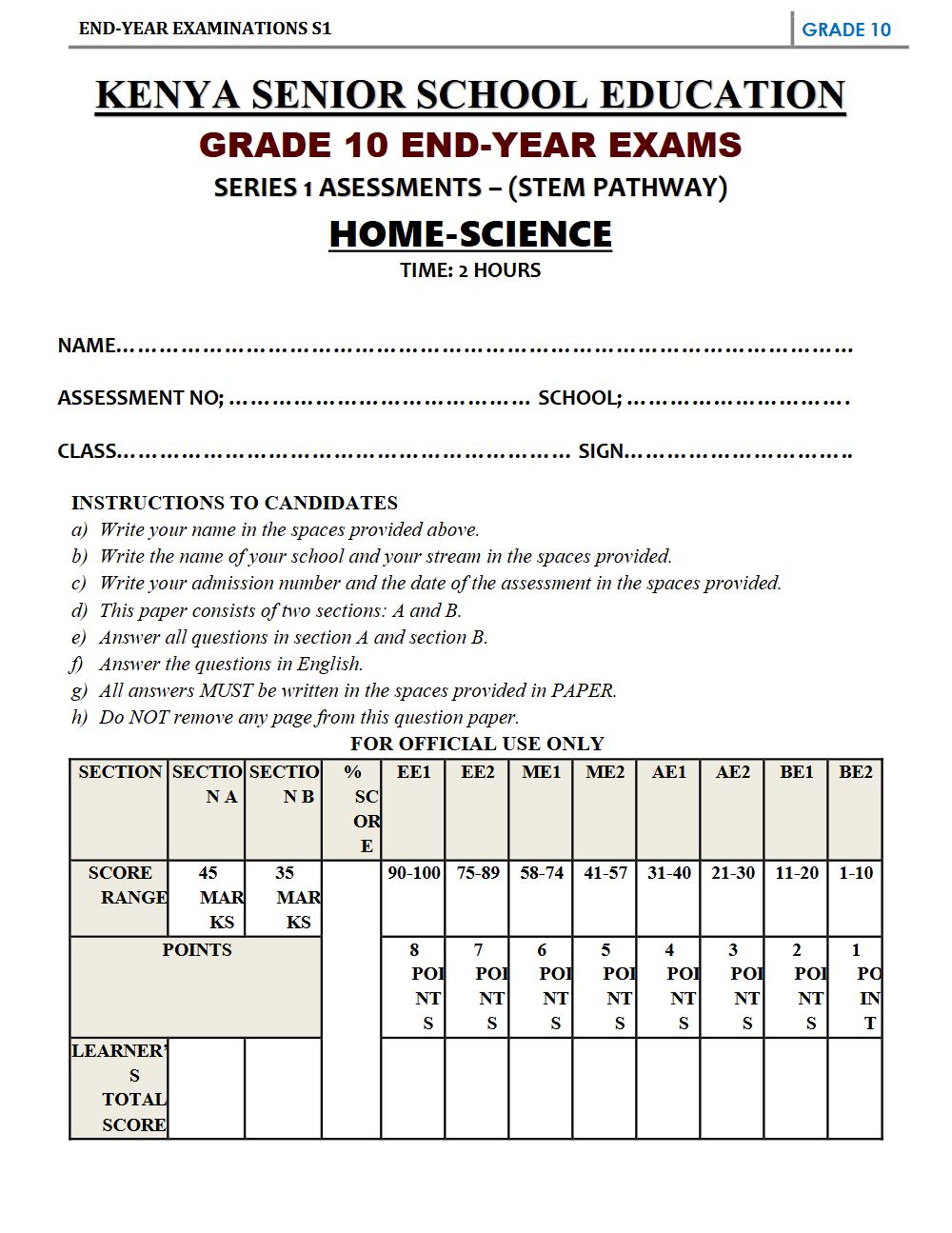 Preview of Grade 10 Home Science Term 3 End-Term Exam 2026