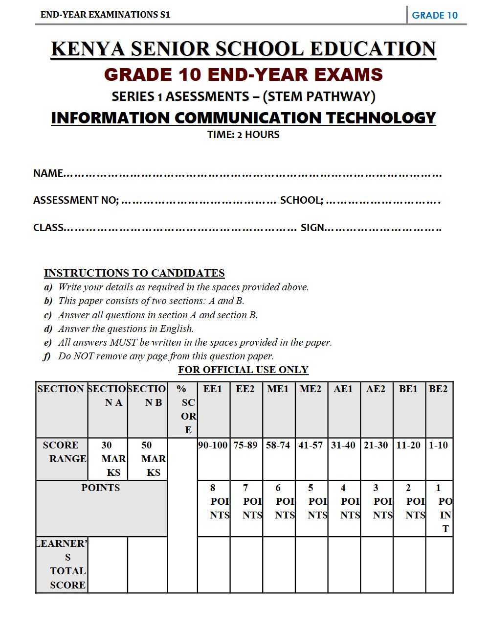 Thumbnail preview of Grade 10 Information Communication Technology Paper 2 End Term 3 2026 Exam 4
