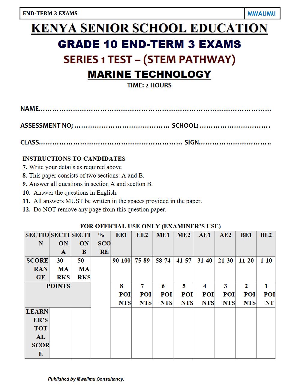 Thumbnail preview of Grade 10 Marine Technology End Term 3 2026 Exam 6
