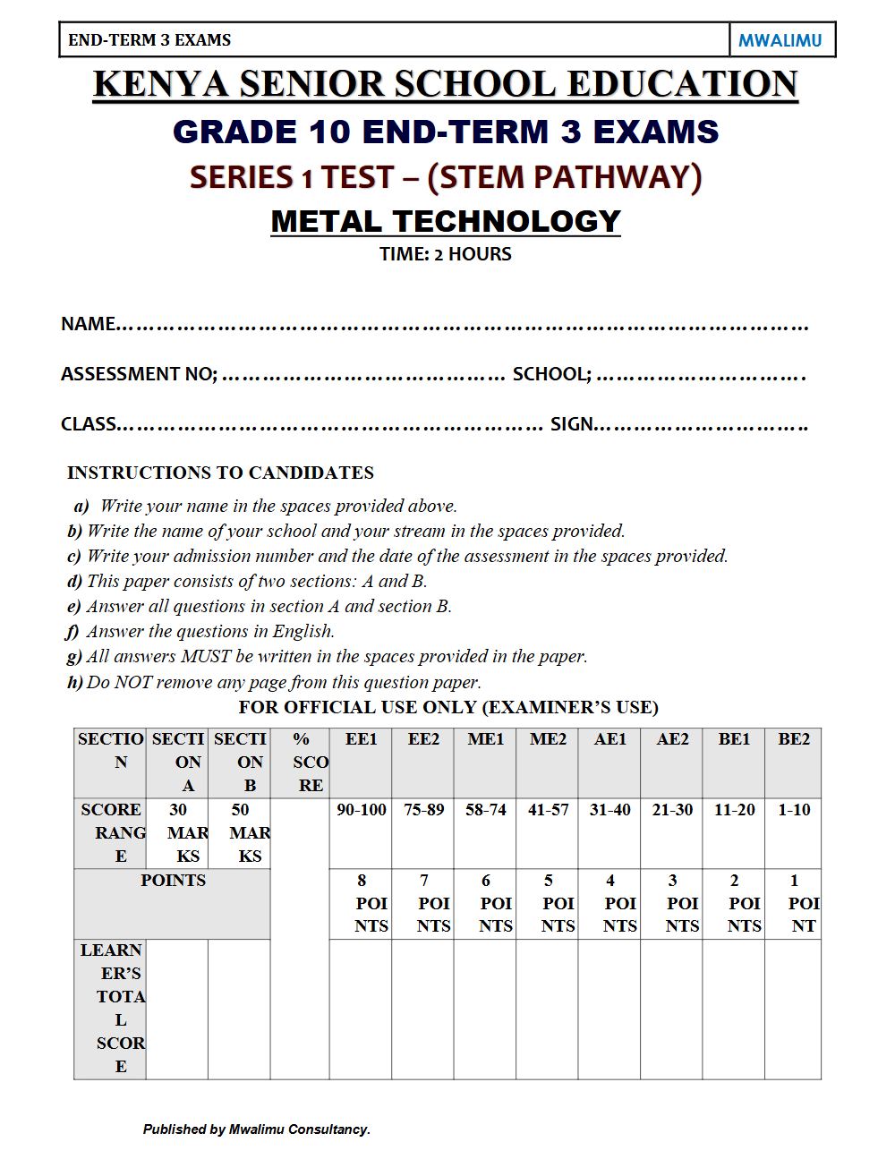 Thumbnail preview of Grade 10 Metal Technology End Term 3 2026 Exam 6