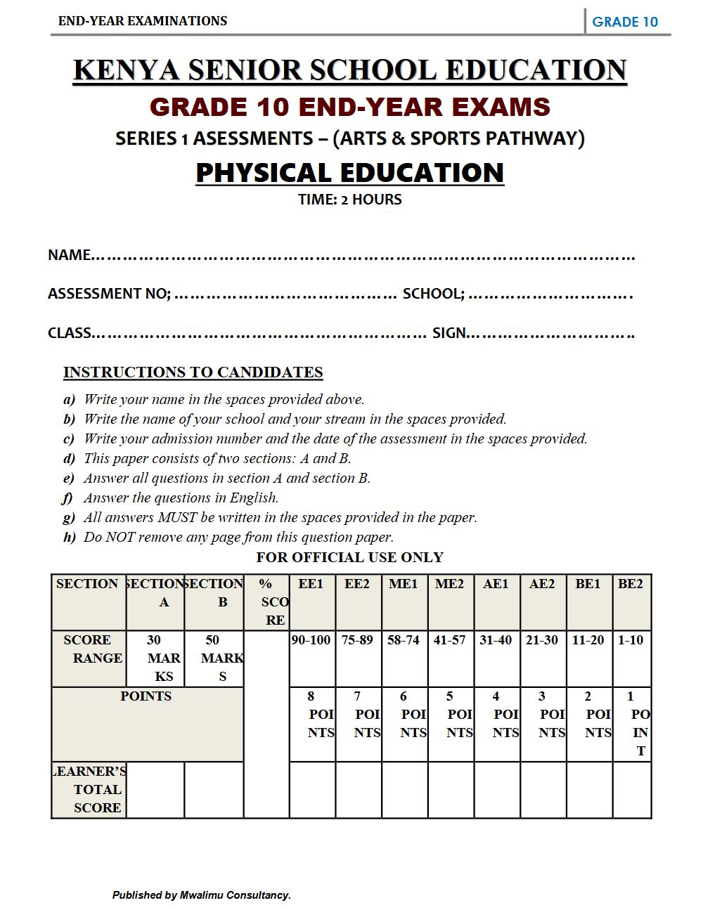 Thumbnail preview of Grade 10 Physical Education End Term 3 2026 Exam 5