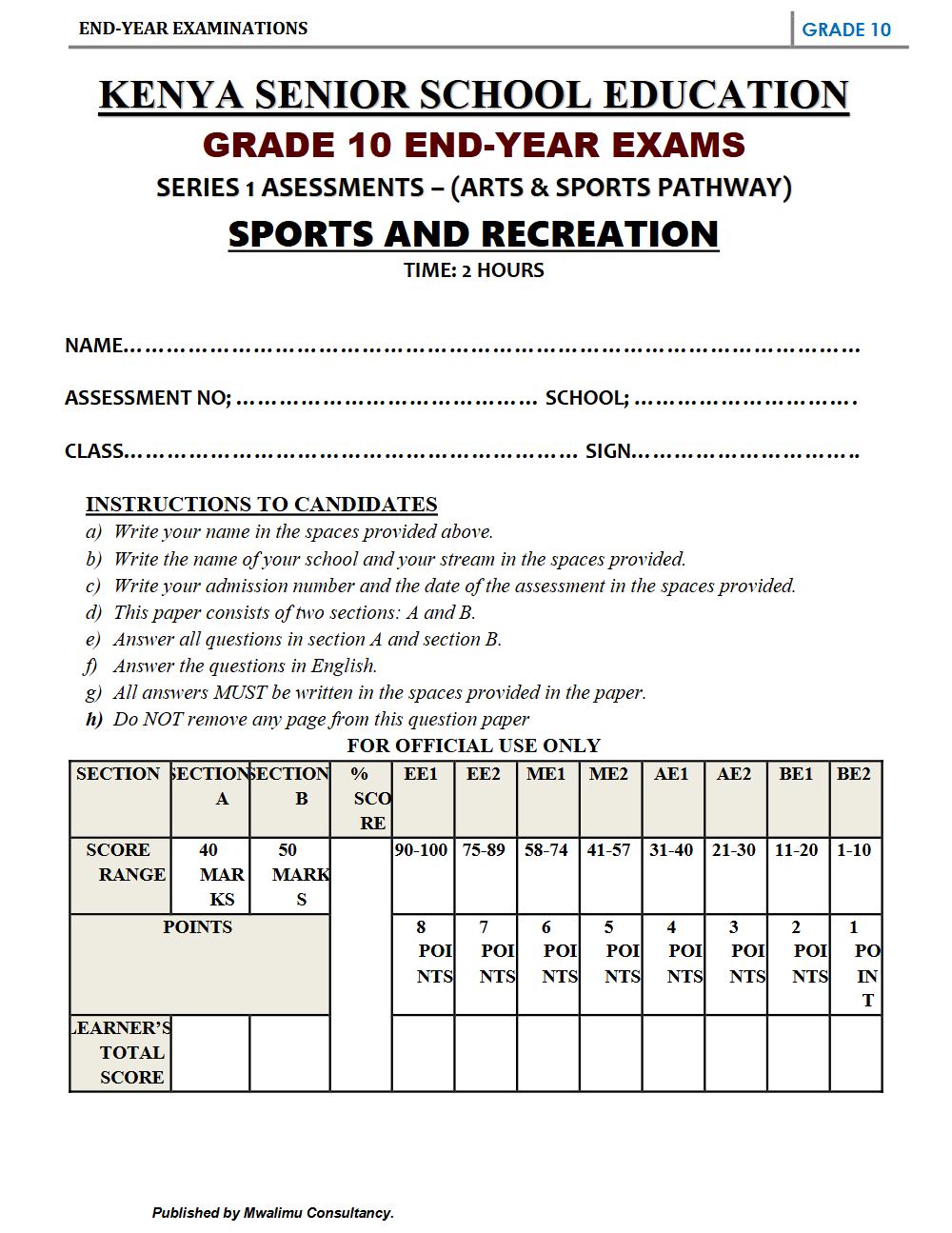 Thumbnail preview of Grade 10 Sports And Recreation End Term 3 2026 Exam 5