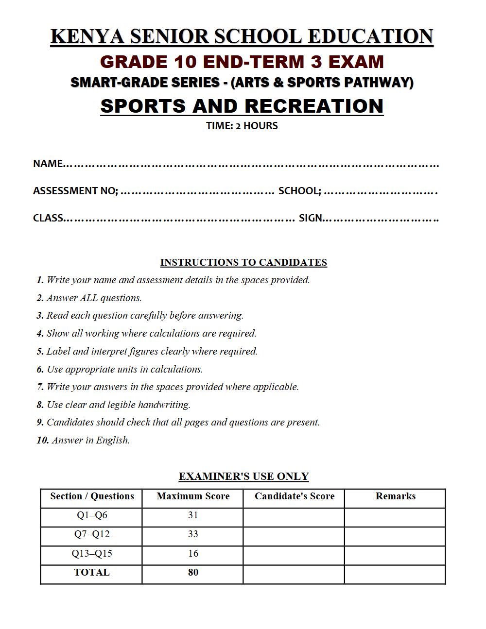 Thumbnail preview of Grade 10 Sports And Recreation Paper 1 End Term 3 2026 Exam 7