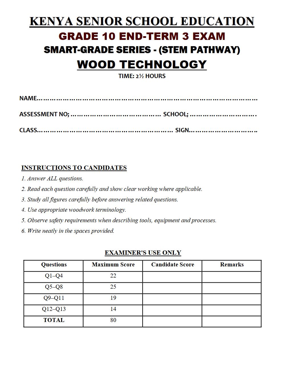 Thumbnail preview of Grade 10 Wood Technology End Term 3 2026 Exam 7