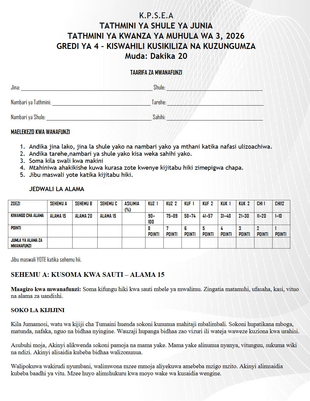 Thumbnail preview of Grade 4 Term 3 2026 Opener Kusikiliza Na Kuongea