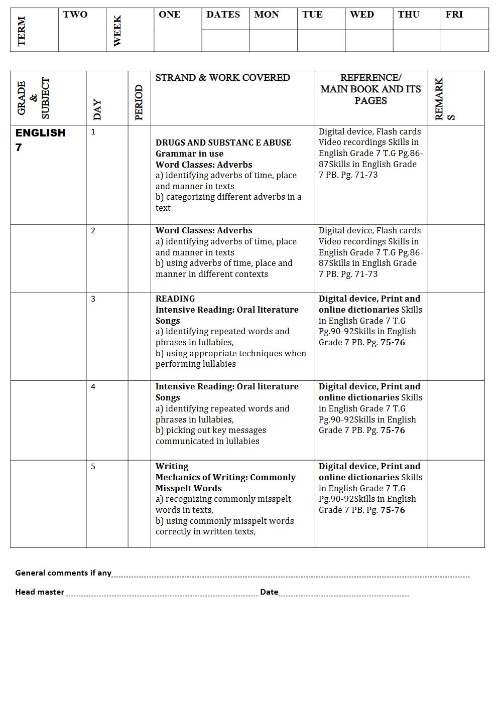 Thumbnail preview of Grade 7 Term 2 English Records Of Work