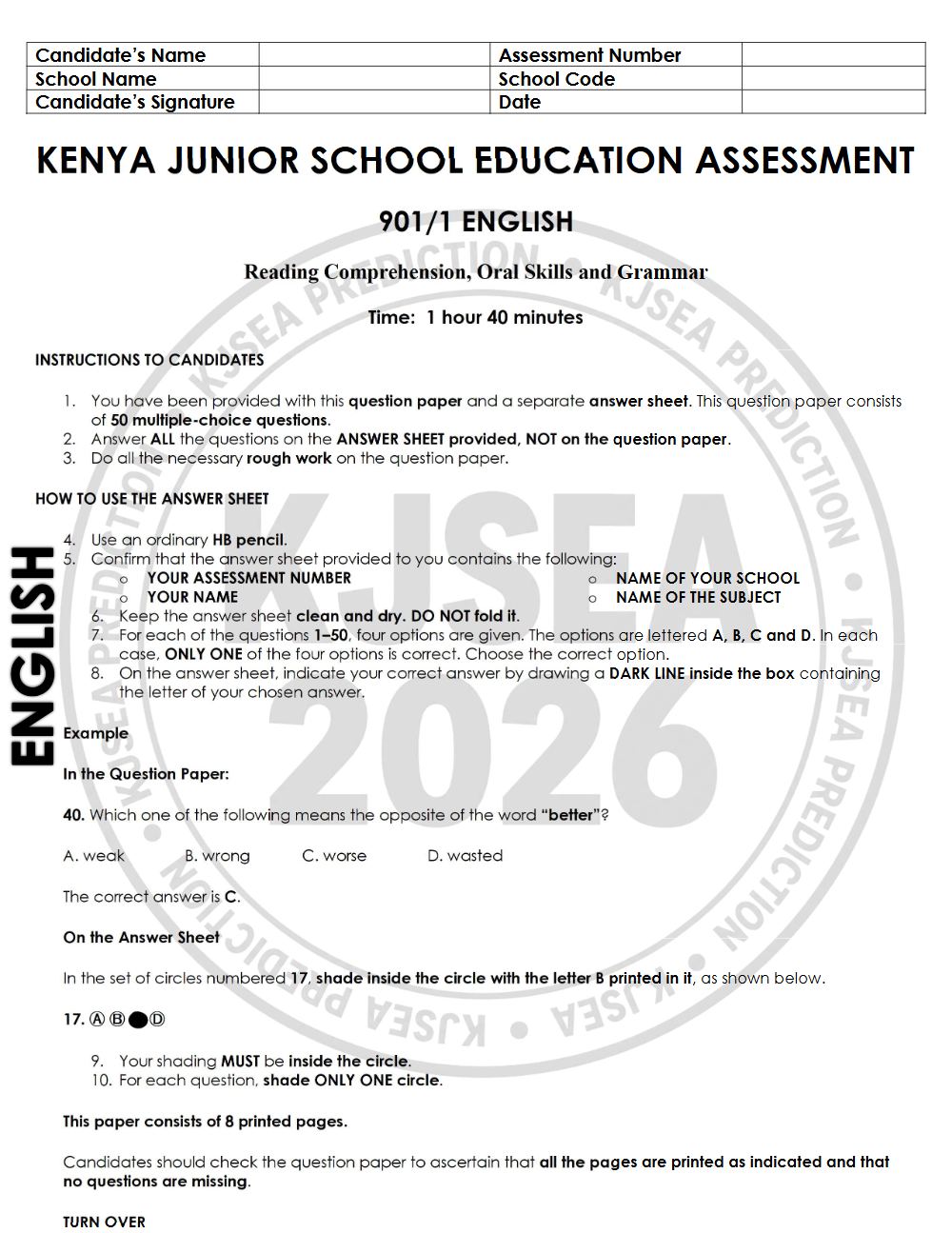 Thumbnail preview of Grade 9 2026 KJSEA Prediction English Paper 1