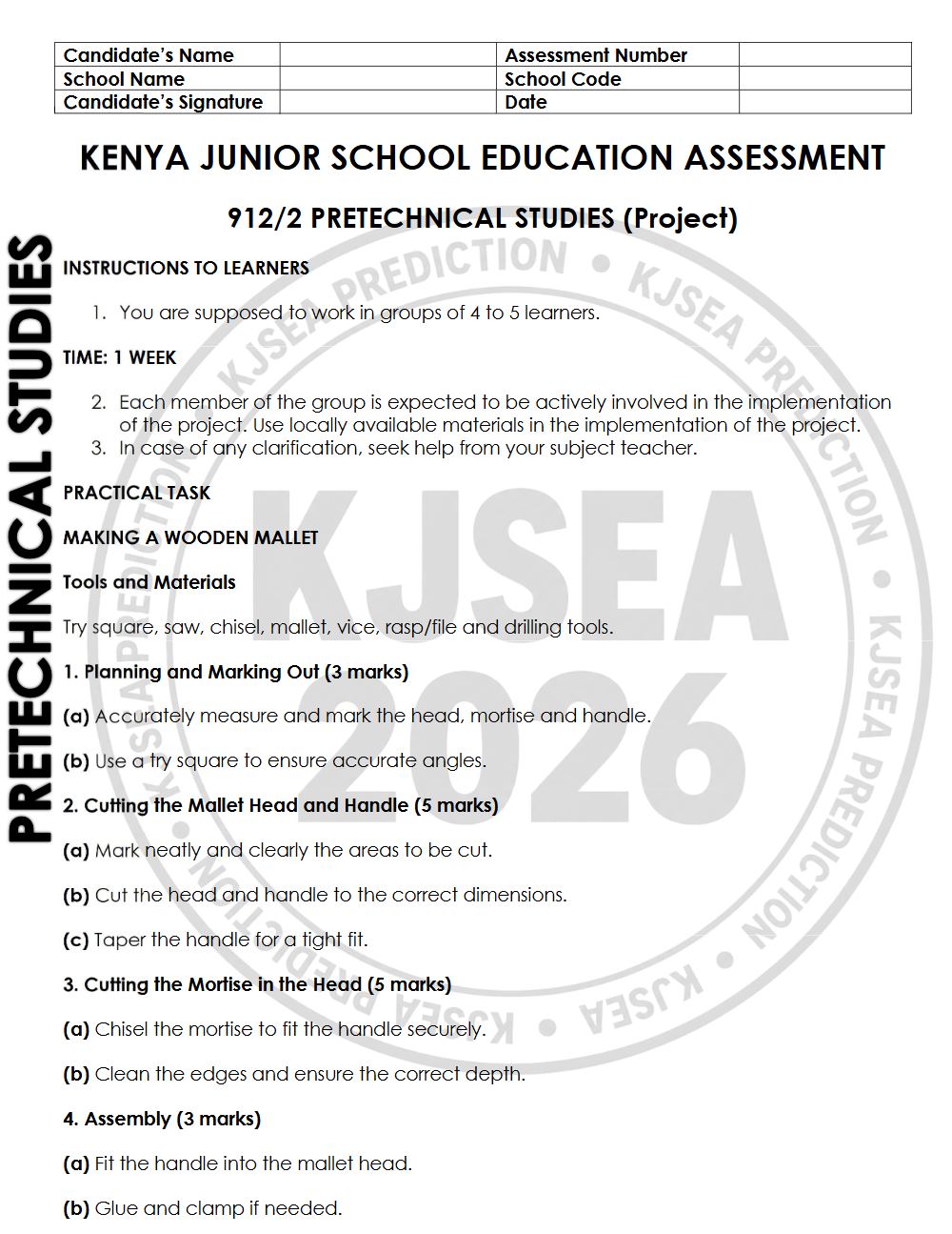 Thumbnail preview of Grade 9 2026 KJSEA Prediction Pretechnical Studies Paper 2
