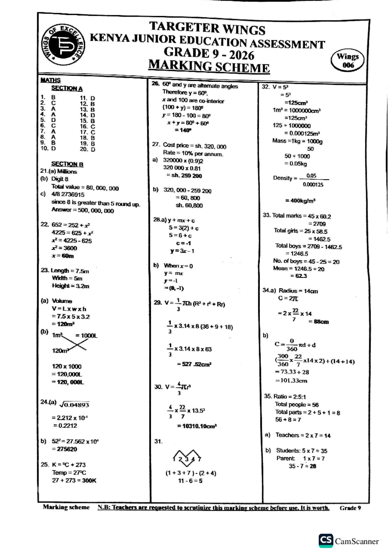 Thumbnail preview of GRADE 9 TERM 2 2026 END TERM COMBINED SET Marking Scheme
