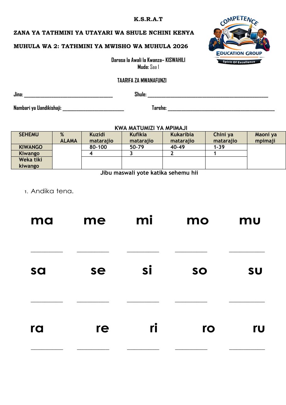 Thumbnail preview of August 2026 Holiday PP1 Kiswahili Assignment