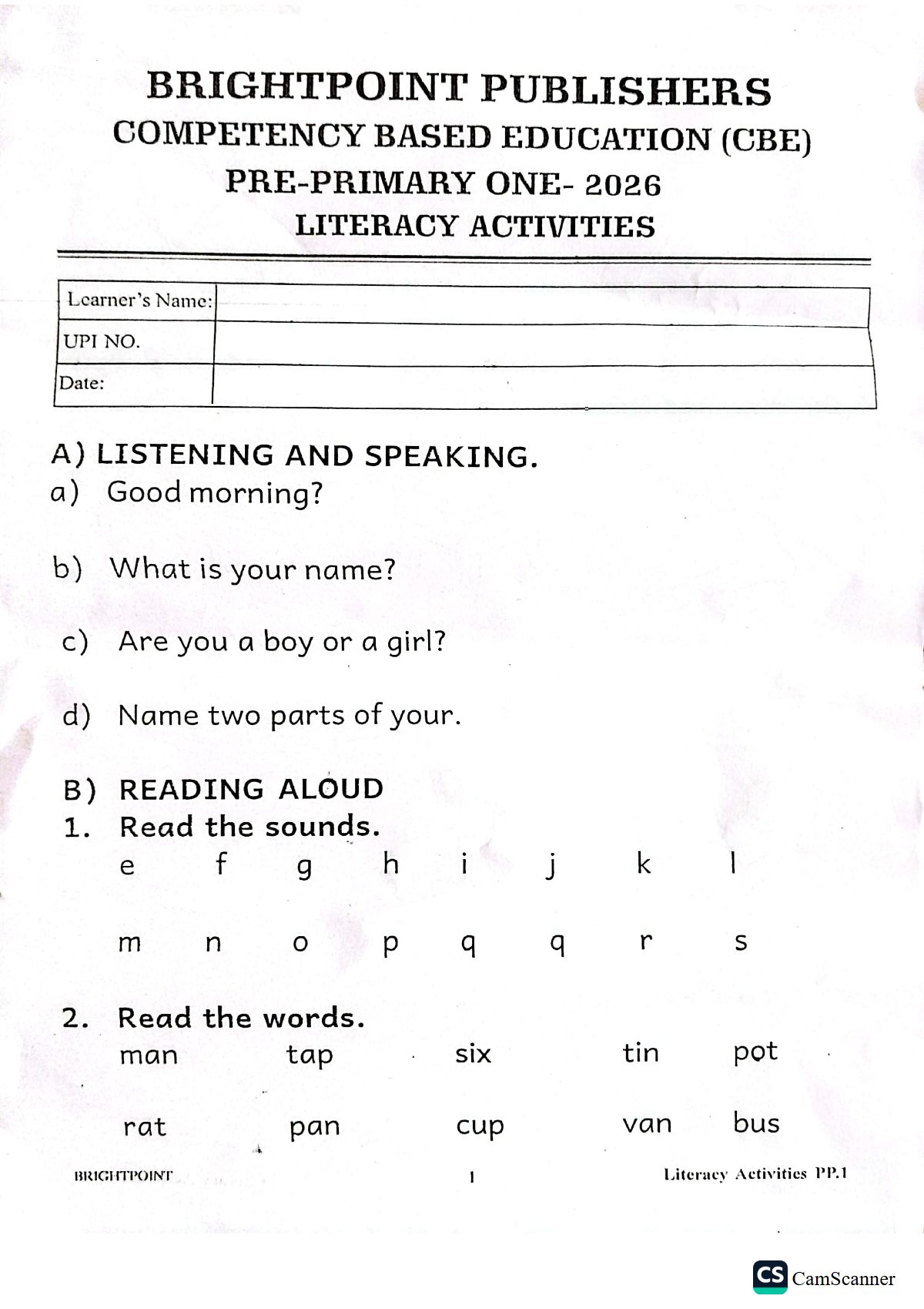 Thumbnail preview of PRE Primary 1 MID TERM 1 2026 Combined SET
