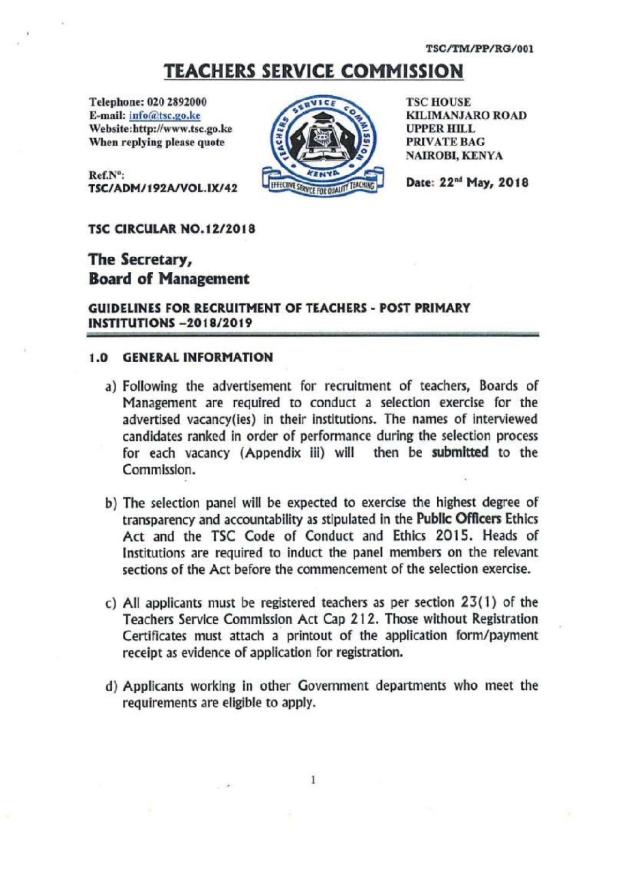 Thumbnail preview of TSC GUIDELINES FOR RECRUITMENT OF POST PRIMARY TEACHERS 2018