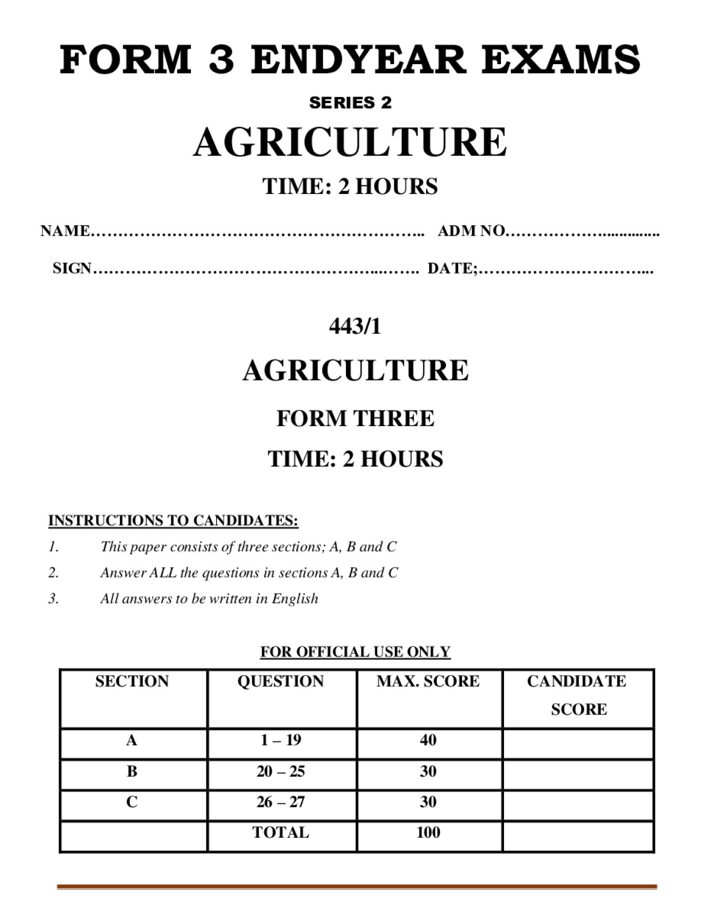 Thumbnail preview of Form 3 Agriculture End Term 3 2026_2