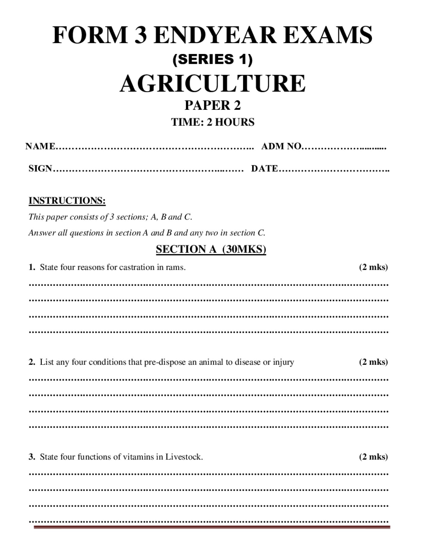 Thumbnail preview of Form 3 Agriculture Paper 2 End Term 3 2026_1