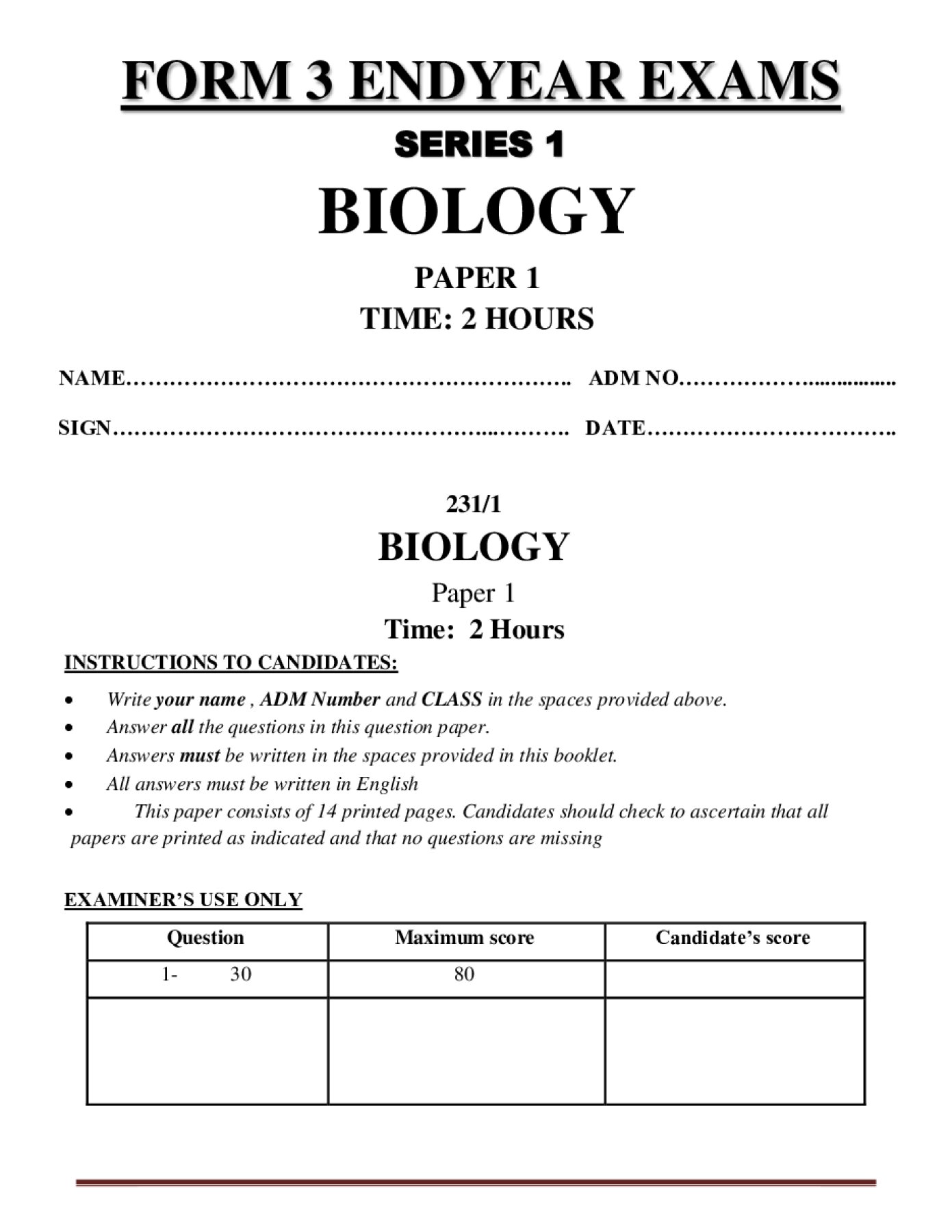 Thumbnail preview of Form 3 Biology Paper 1 End Term 3 2026_1
