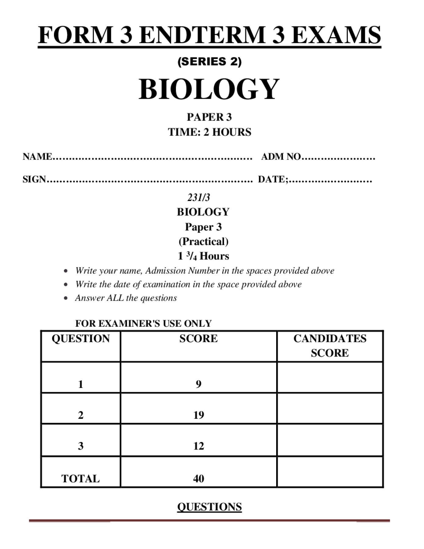 Thumbnail preview of Form 3 Biology Paper 3 Variant 2 Term 3 End Term 2026_2