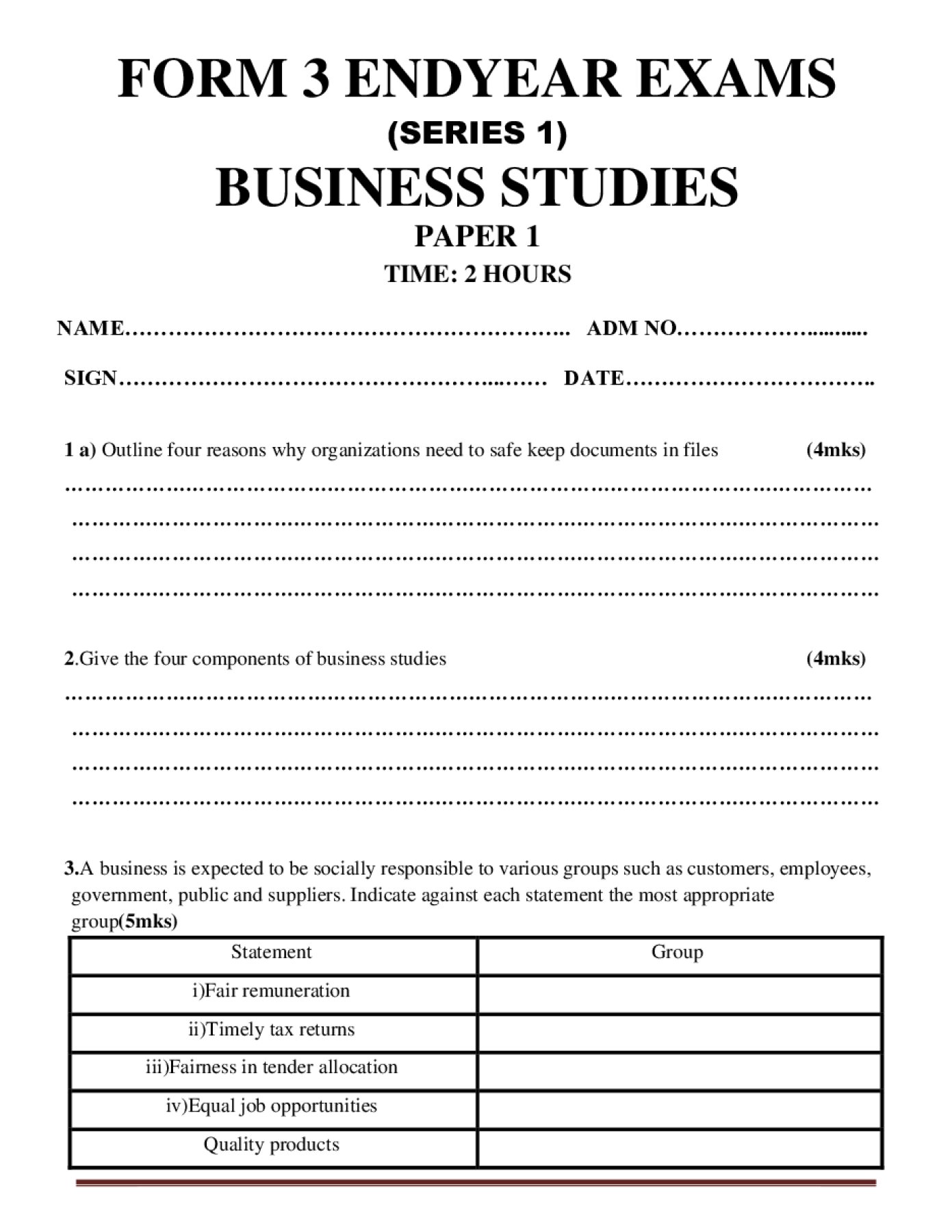 Thumbnail preview of Form 3 Business Studies Paper 1 End Term 3 2026_1