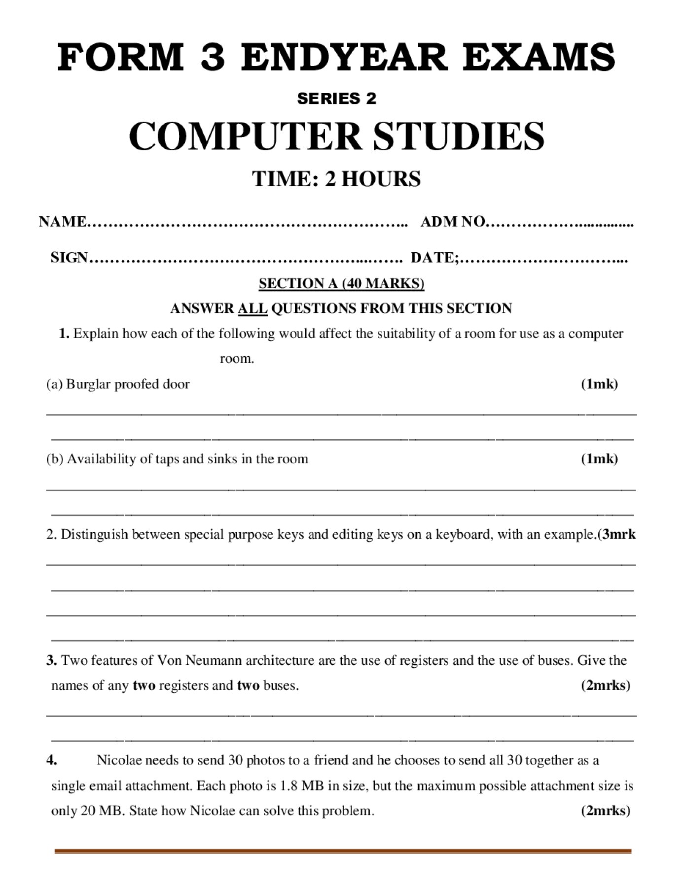 Thumbnail preview of Form 3 Computer Studies End Term 3 2026_2