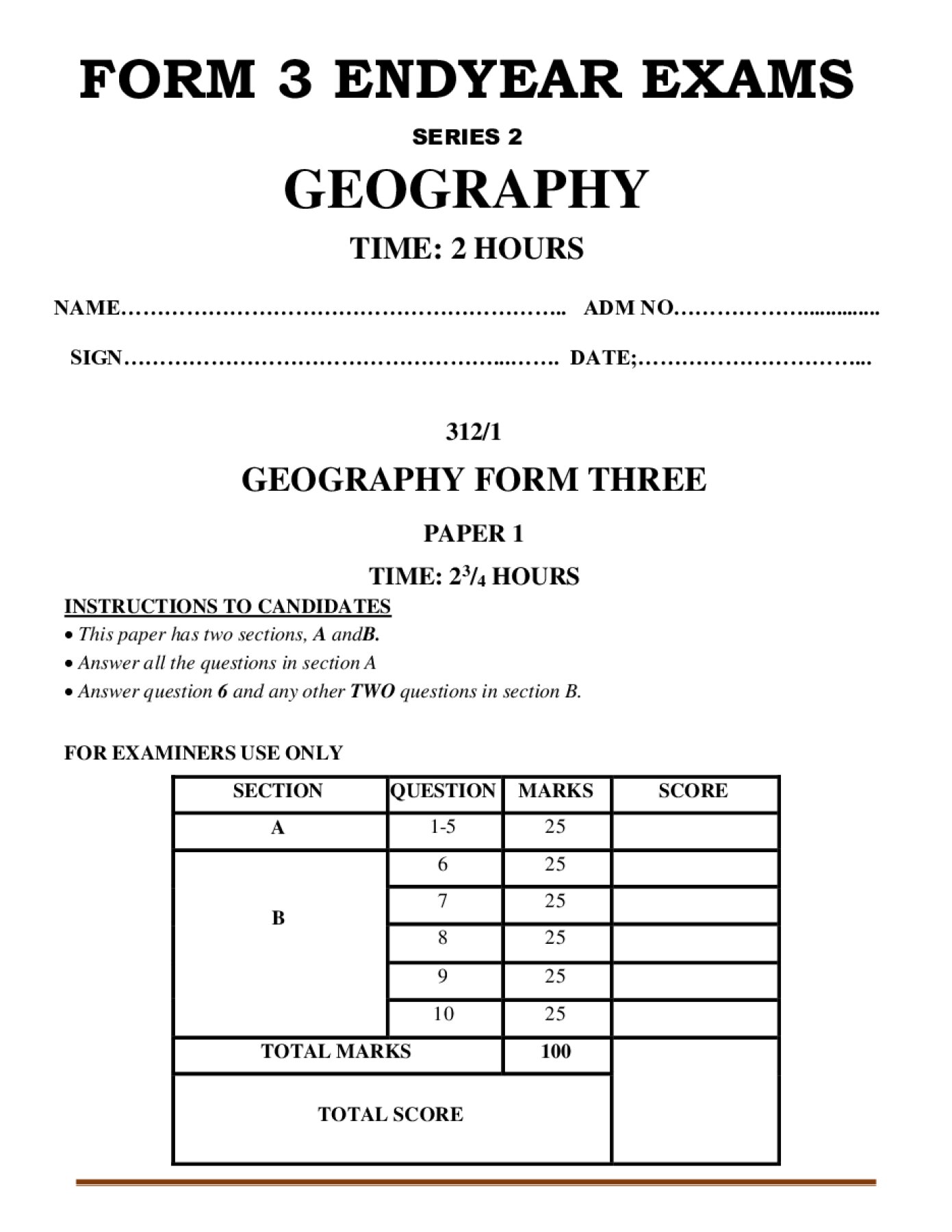 Thumbnail preview of Form 3 Geography Paper 1 End Term 3 2026_2