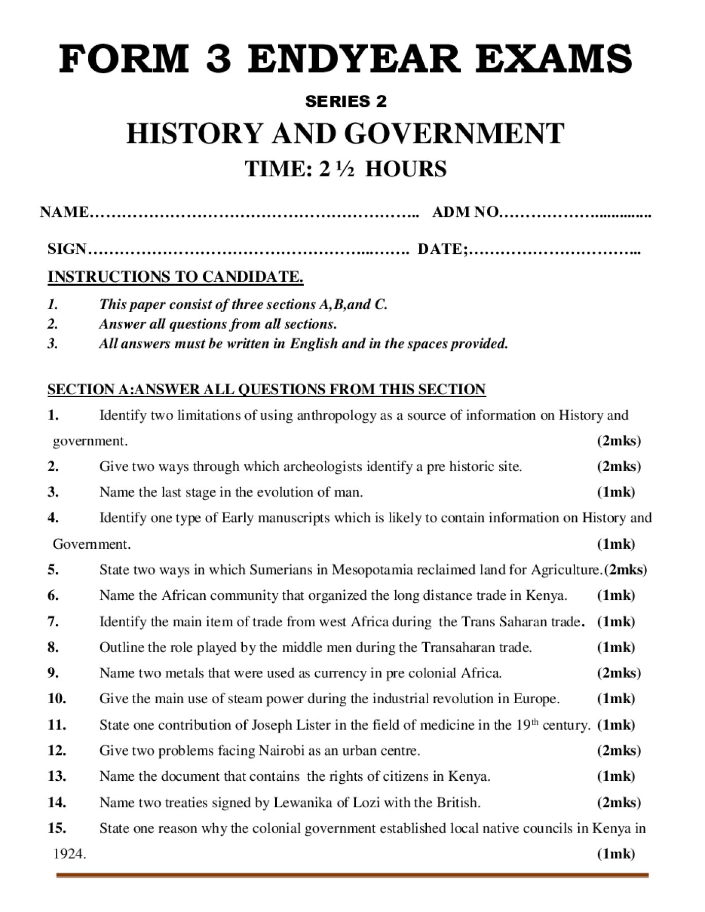 Thumbnail preview of Form 3 History And Government End Term 3 2026_2