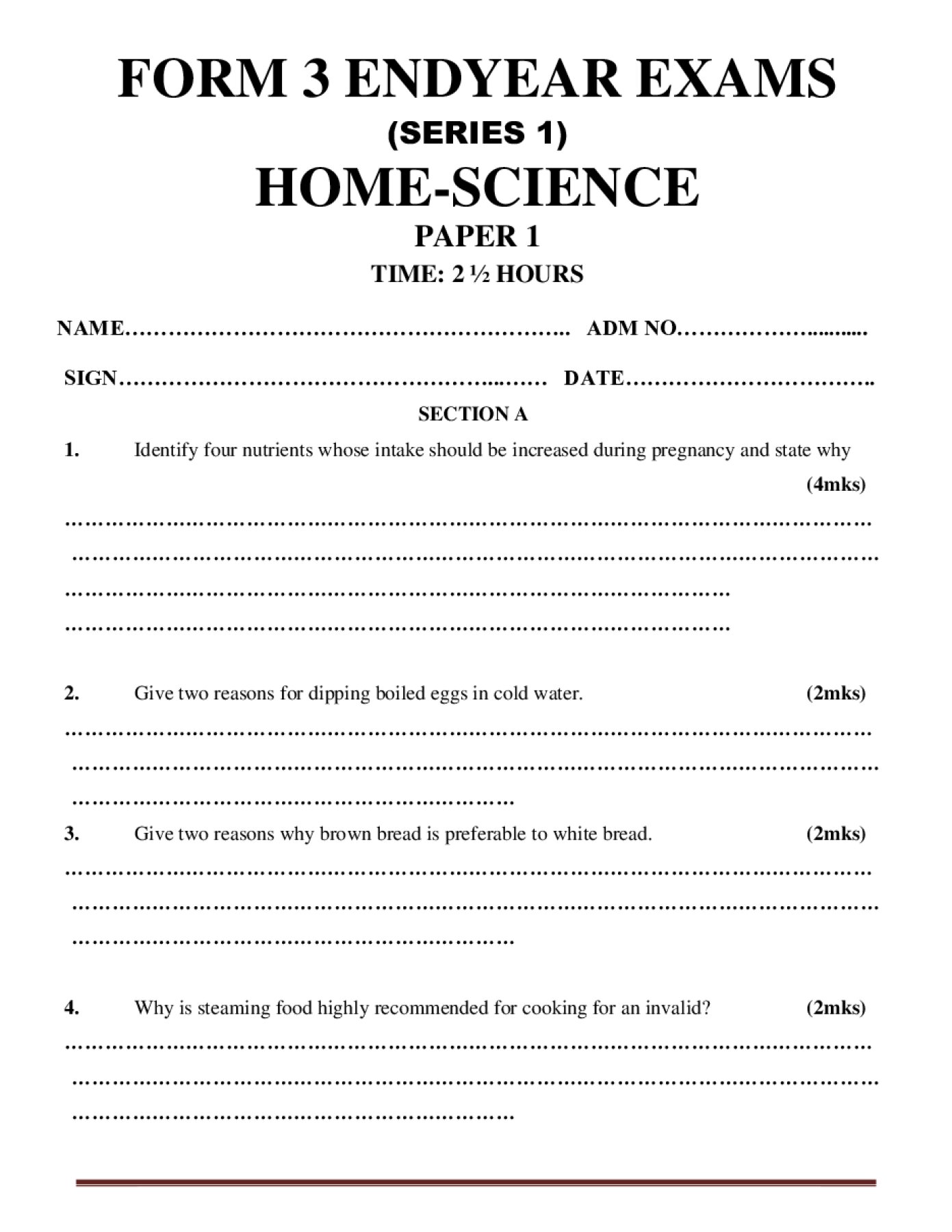 Thumbnail preview of Form 3 Home Science Paper 1 End Term 3 2026_1