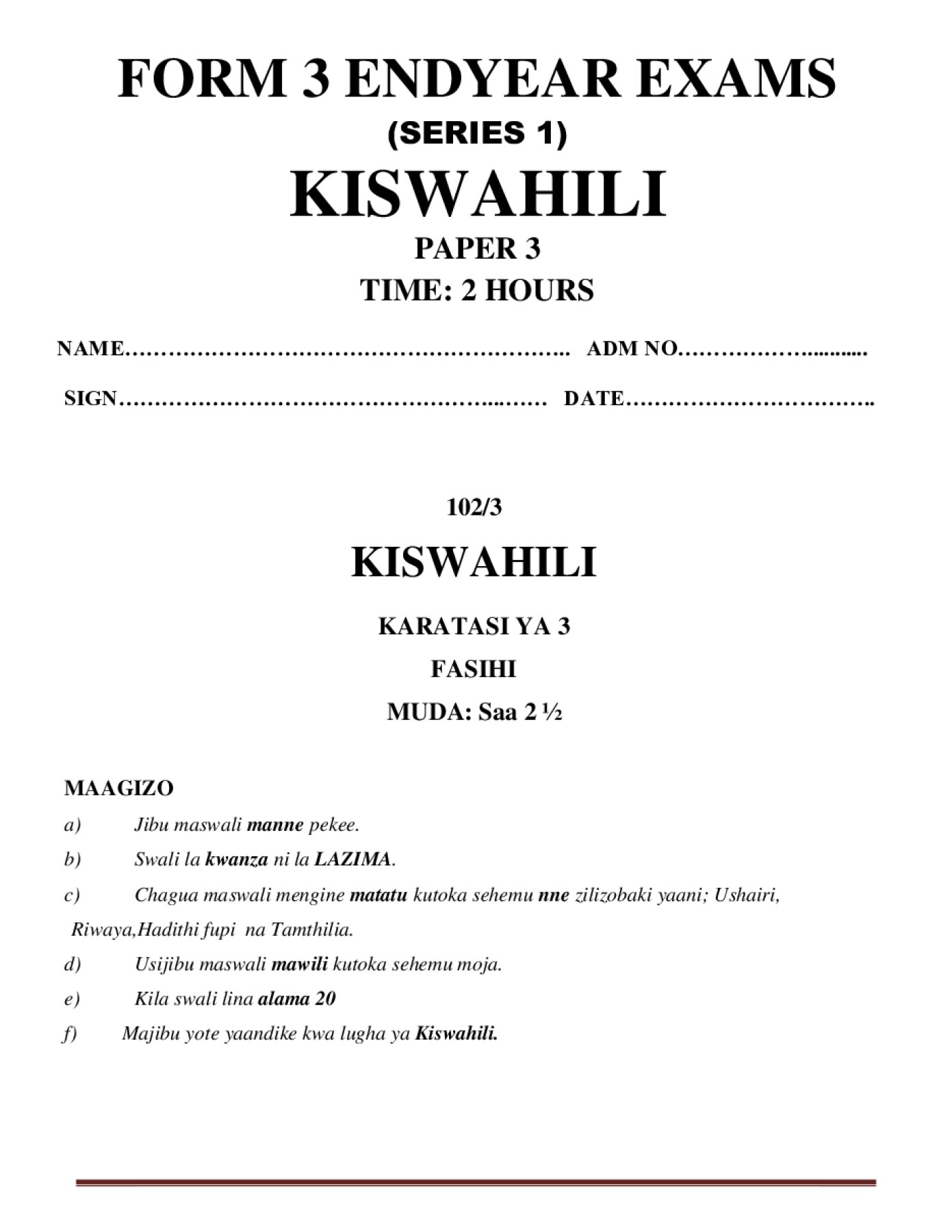 Thumbnail preview of Form 3 Kiswahili Paper 3 End Term 3 2026_1