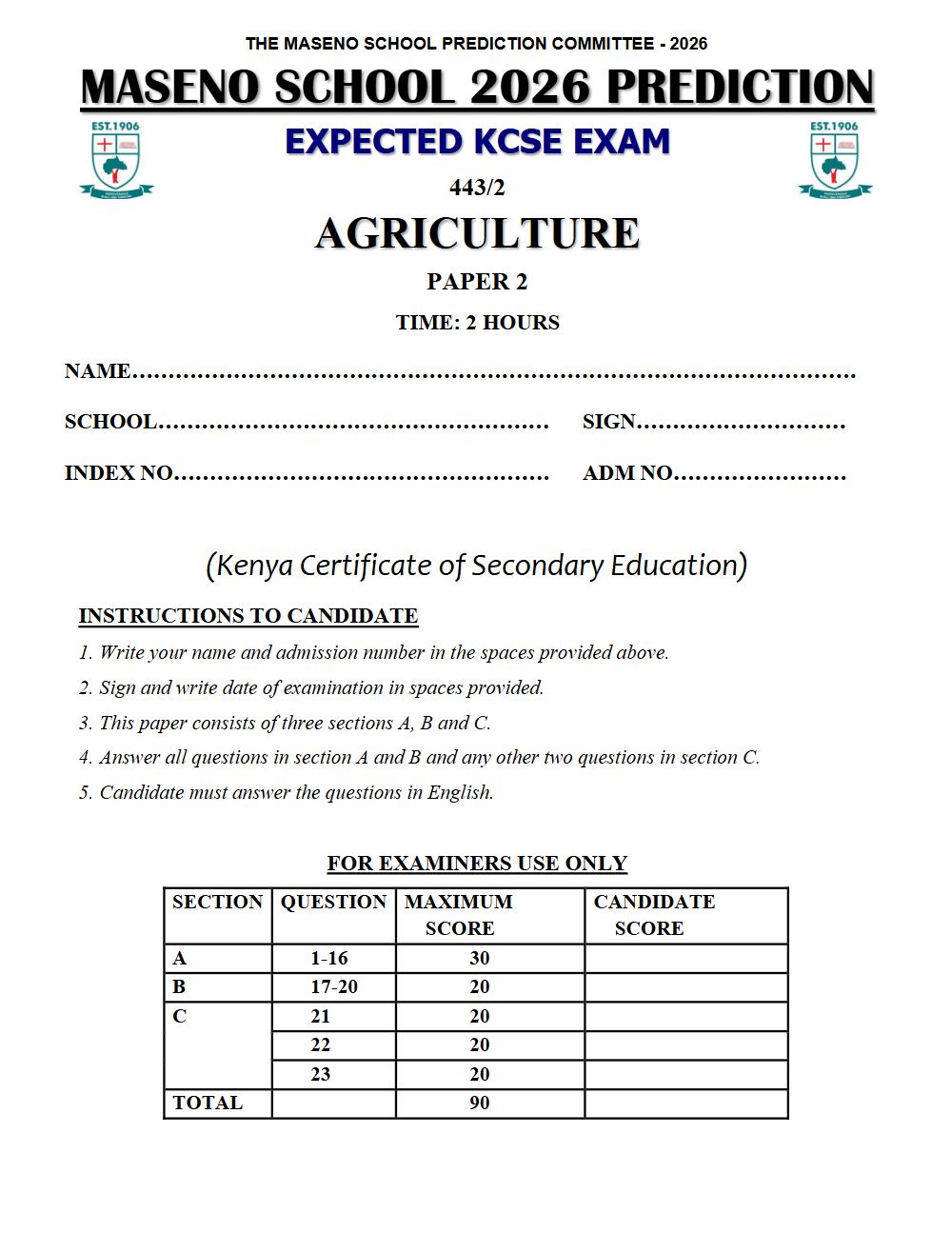 Preview of Form 4 KCSE Prediction Agriculture Paper 2 Prediction Paper 2026