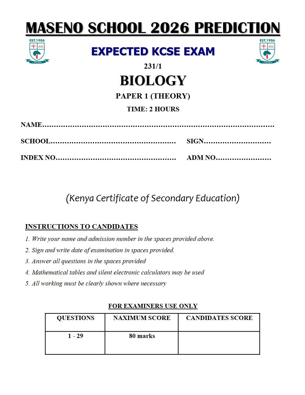 Preview of Form 4 KCSE Prediction Biology Paper 1 Prediction Paper 2026