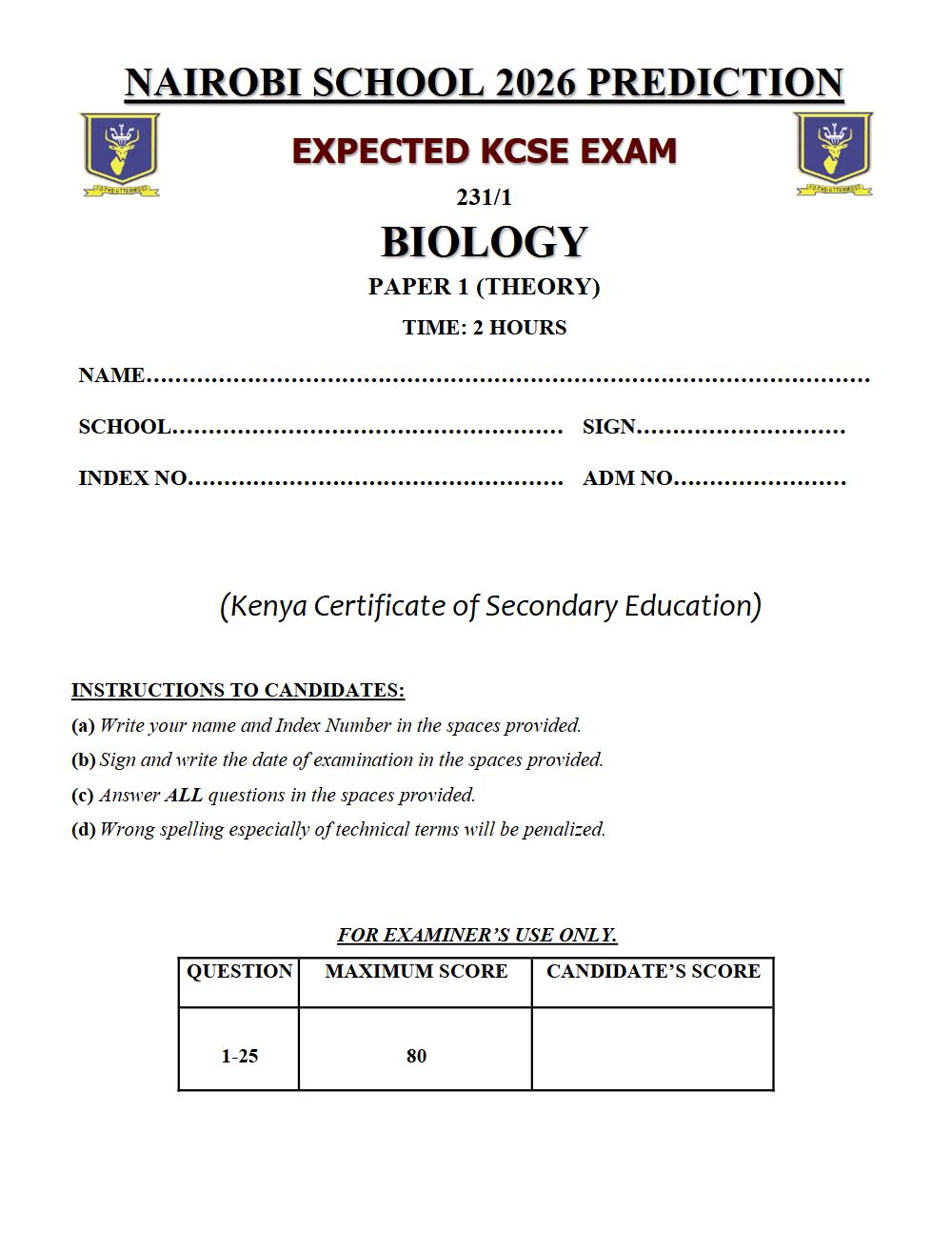Preview of Form 4 KCSE Prediction Biology Paper 1 Prediction Paper 2026