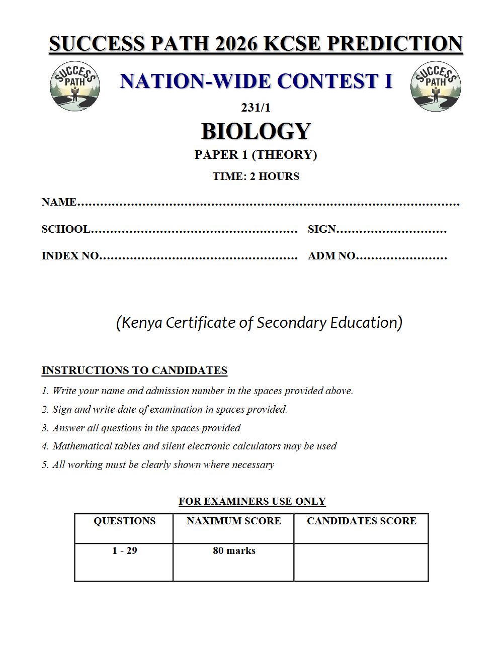 Preview of Form 4 KCSE Prediction Biology Paper 1 Prediction Paper 2026