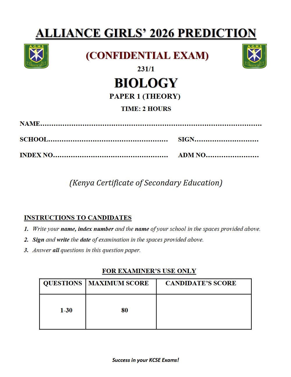 Preview of Form 4 KCSE Prediction Biology Paper 1 Prediction Paper 2026