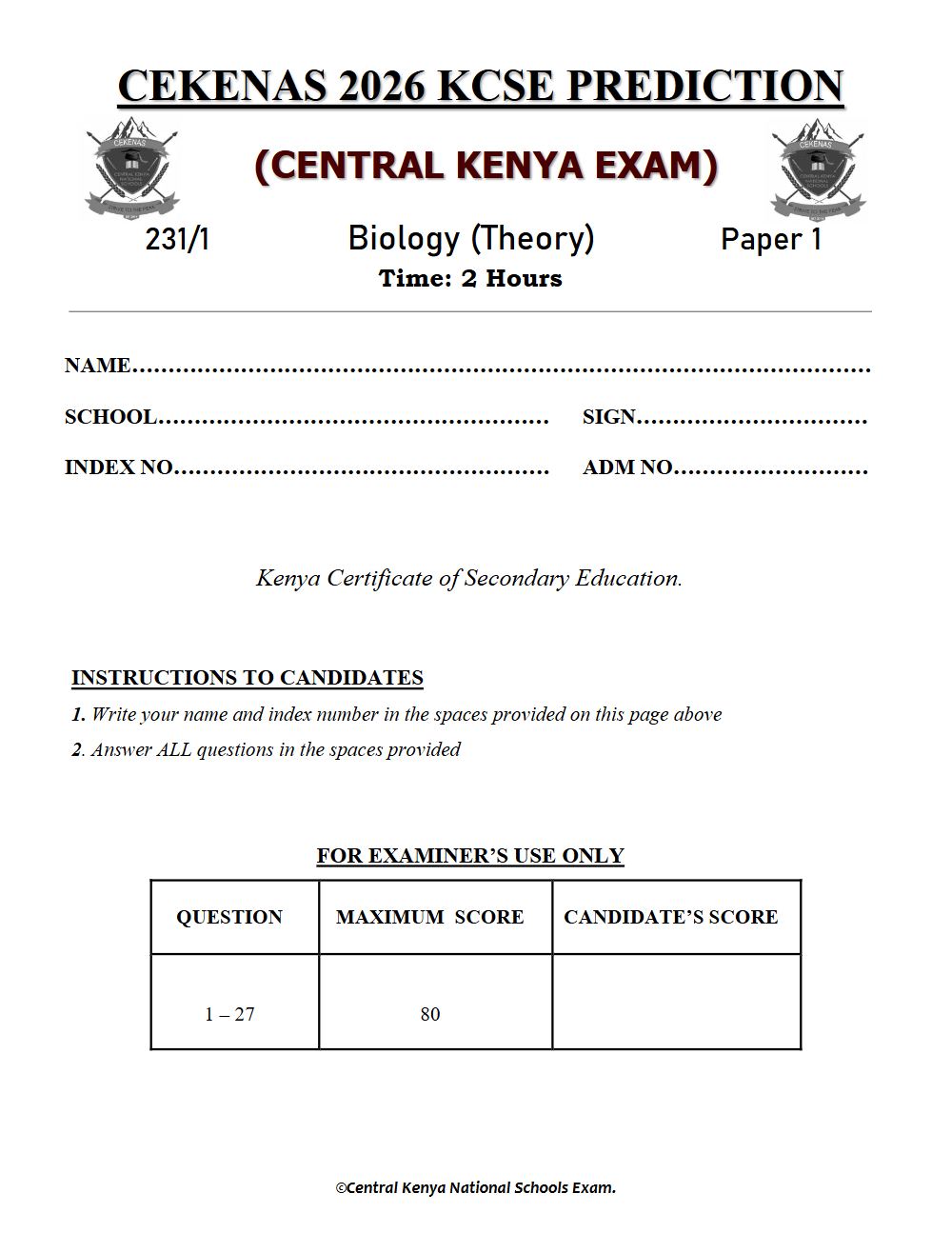 Preview of Form 4 KCSE Prediction Biology Paper 1 Prediction Paper 2026