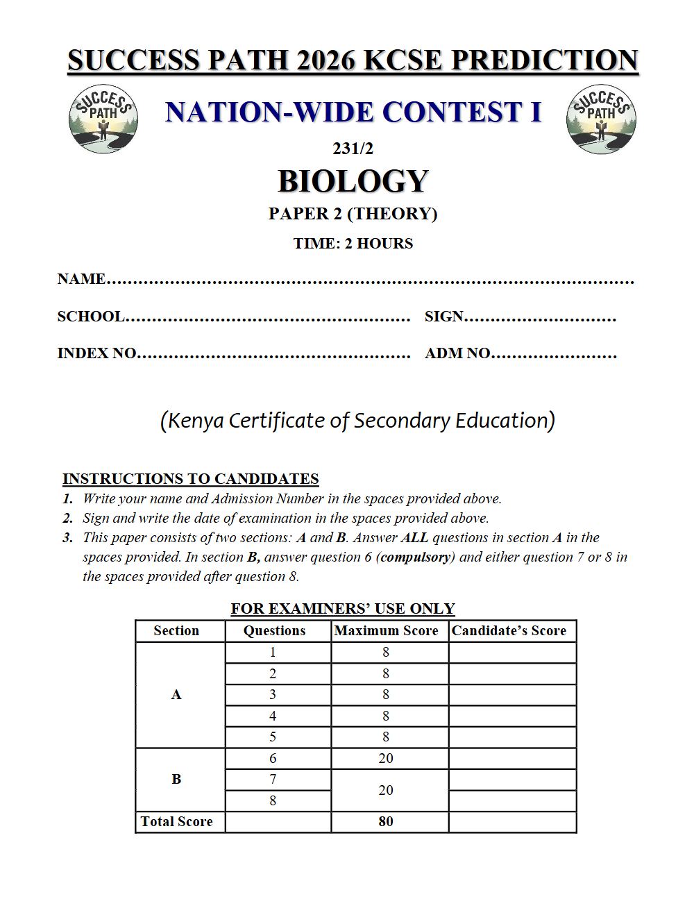 Preview of Form 4 KCSE Prediction Biology Paper 2 Prediction Paper 2026