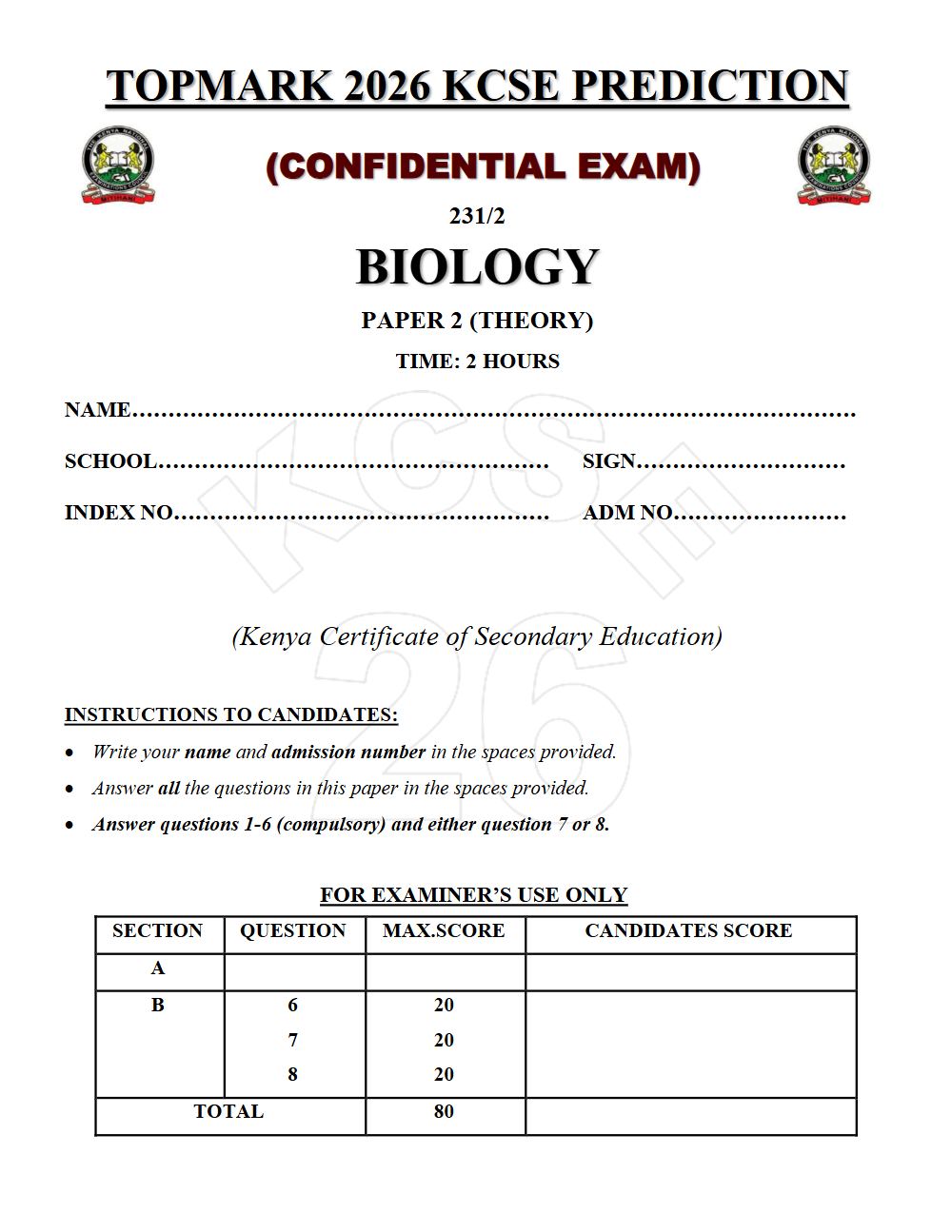 Preview of Form 4 KCSE Prediction Biology Paper 2 Prediction Paper 2026