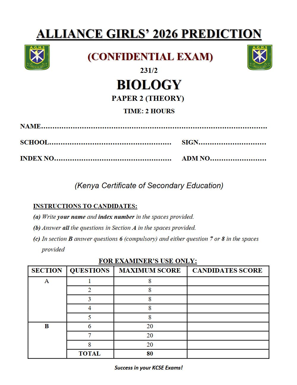 Preview of Form 4 KCSE Prediction Biology Paper 2 Prediction Paper 2026