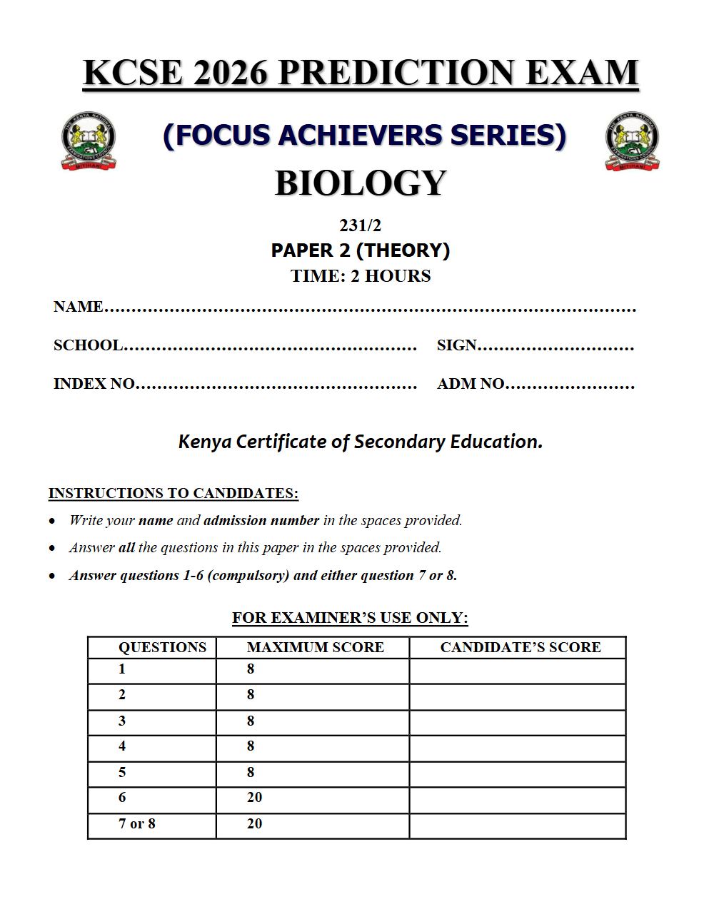 Preview of Form 4 KCSE Prediction Biology Paper 2 Prediction Paper 2026