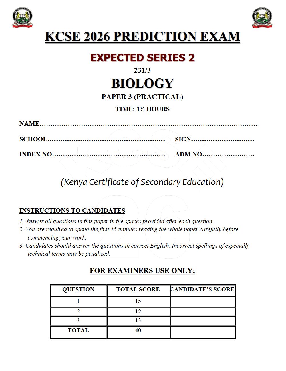 Preview of Form 4 KCSE Prediction Biology Paper 3 Prediction Paper 2026