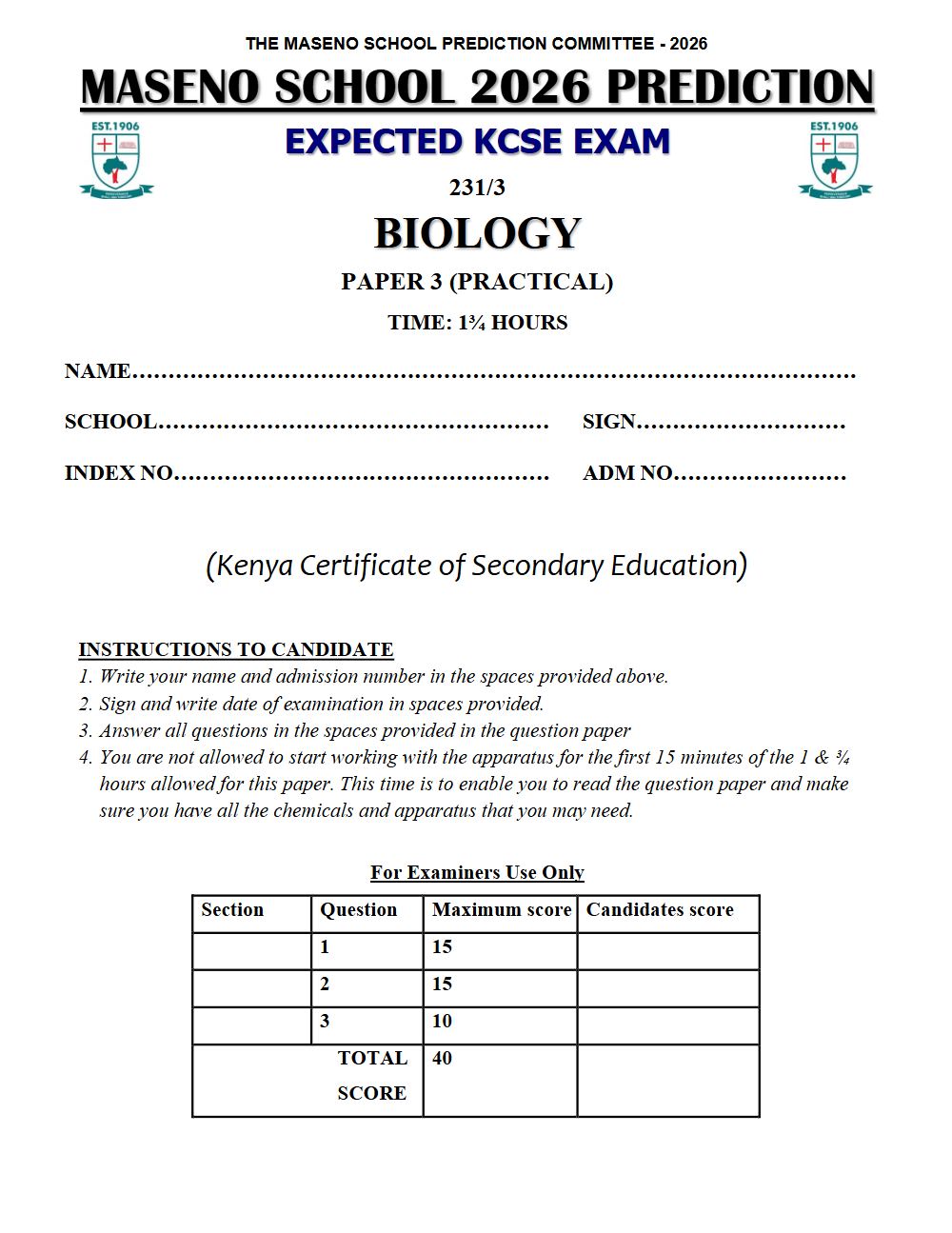Preview of Form 4 KCSE Prediction Biology Paper 3 Prediction Paper 2026