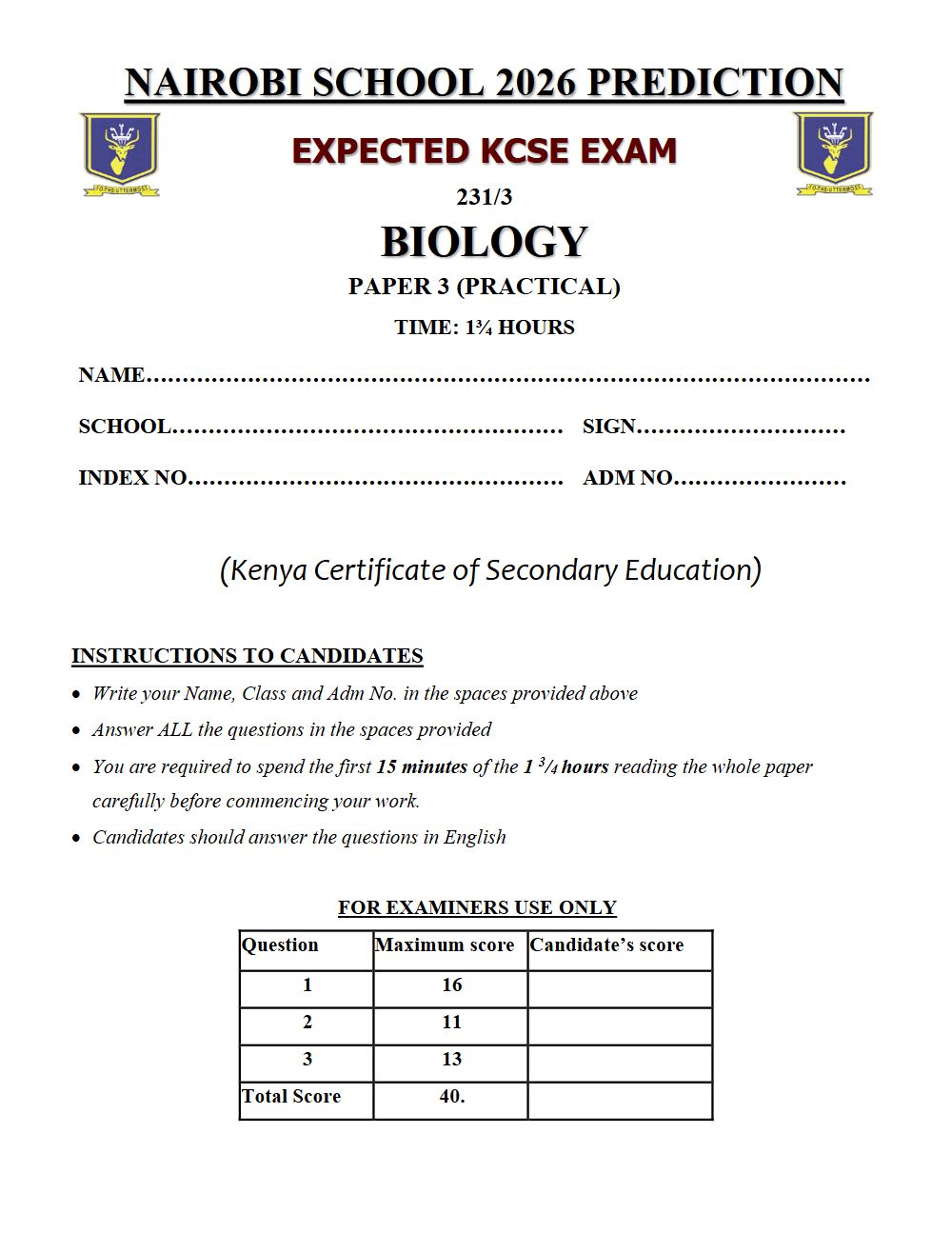Preview of Form 4 KCSE Prediction Biology Paper 3 Prediction Paper 2026