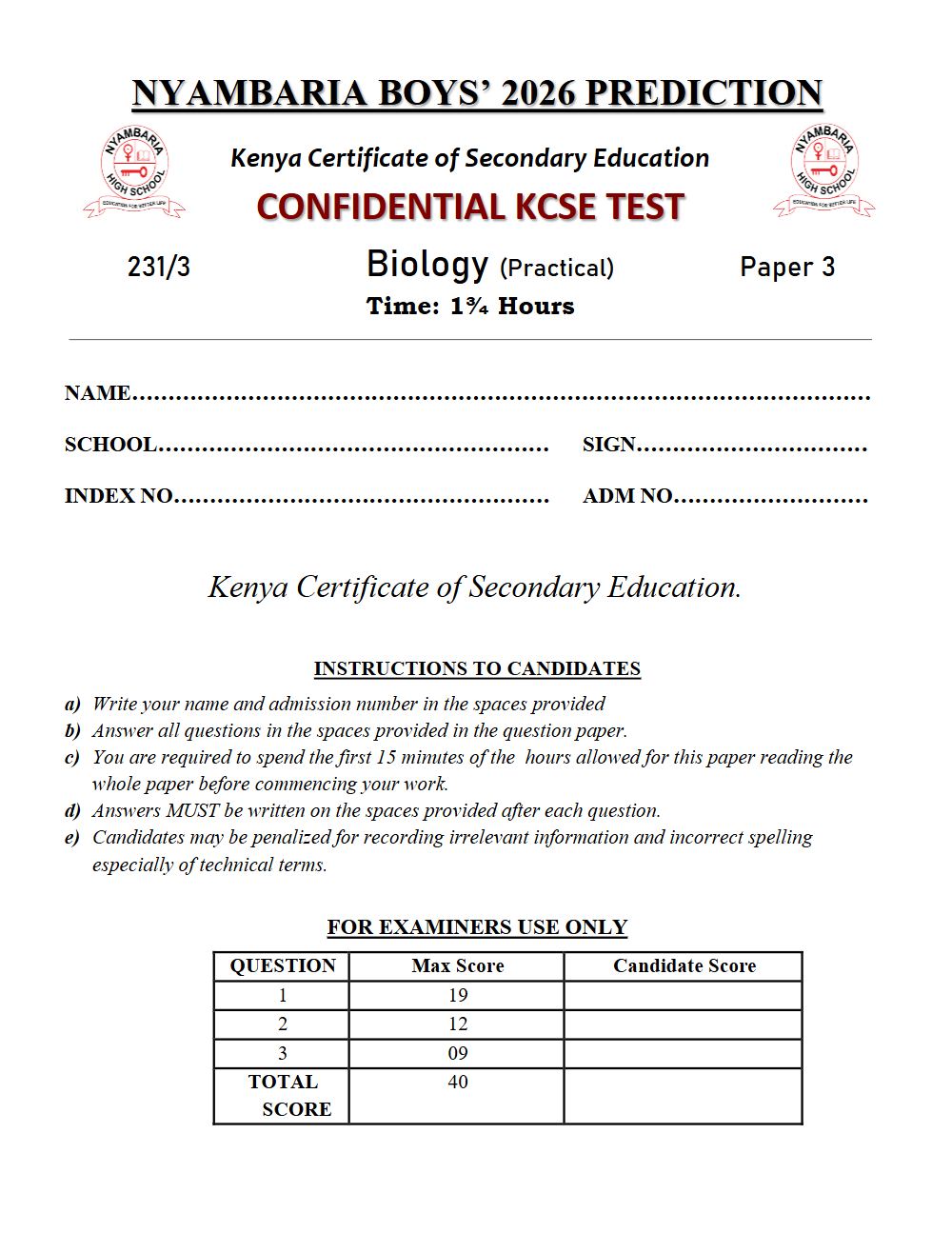 Preview of Form 4 KCSE Prediction Biology Paper 3 Prediction Paper 2026
