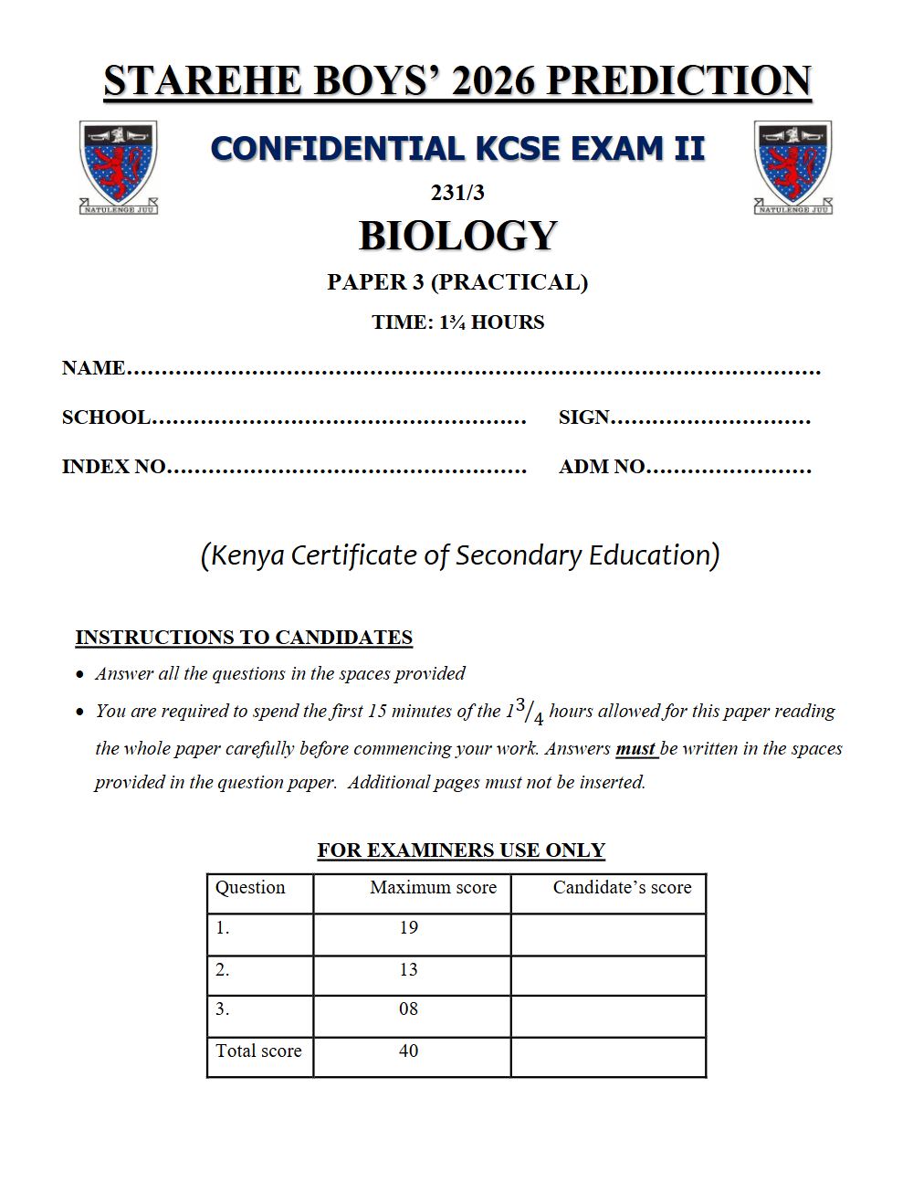 Preview of Form 4 KCSE Prediction Biology Paper 3 Prediction Paper 2026